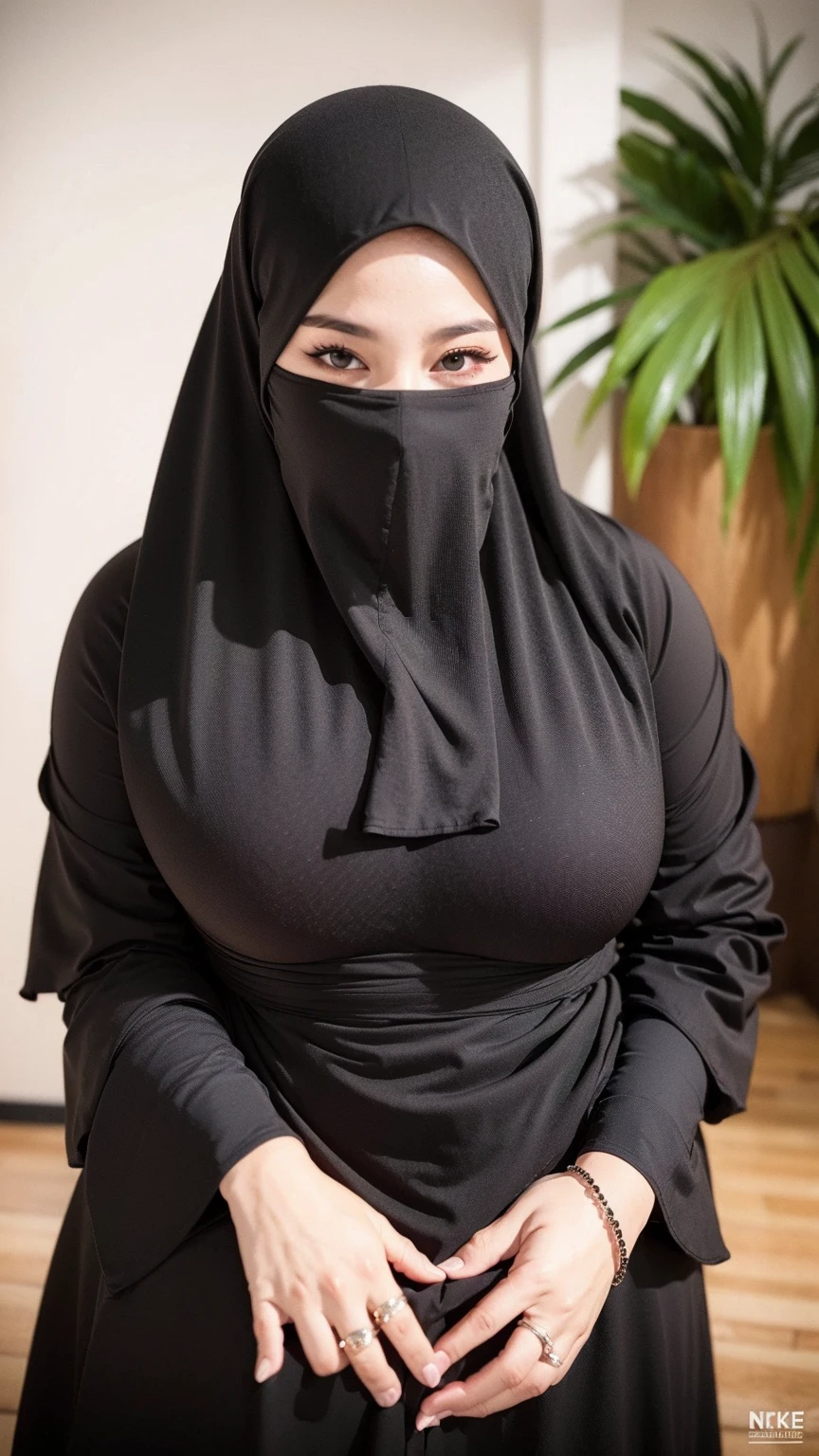 Muslim women sitting in the mosque. Wearing niqab. Big breast. Huge hips. tight dress . pokie nipple nude hijabi women
