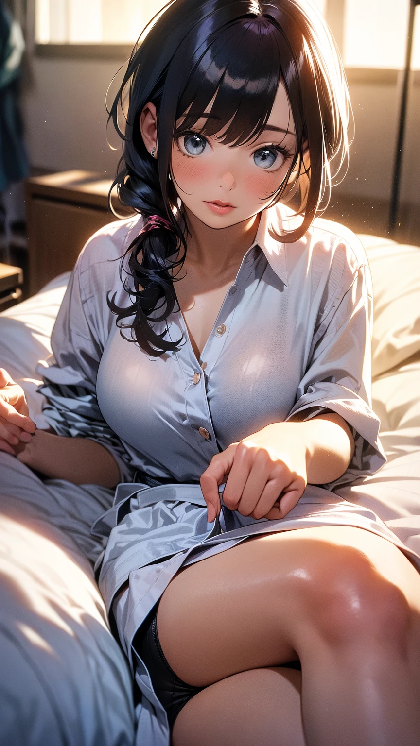 (masterpiece, best quality), 1girl, bed sheet, messy hair, unbuttoned shirt, unbuttoned shorts, blue pajamas, shiny skin, <lora:add_detail:1>