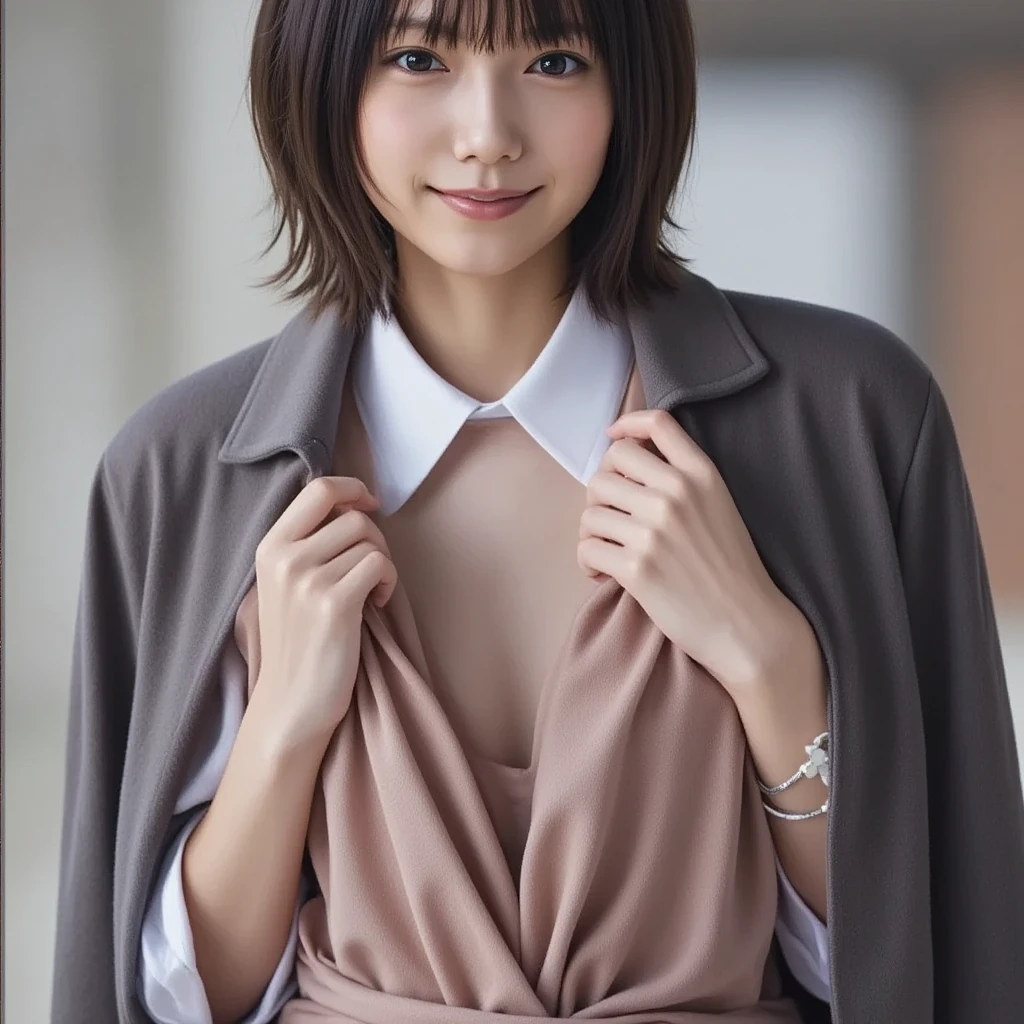 Face the front of your body at the camera:1.8, Composition looking up from below:1.8, pantie shot:1.8, Business suits:1.8, White blouse with collar, jaket, a miniskirt, white  panties:1.5, Panties look bright and clear:1.3, Dress reliably:1.8, s Office:1.8, Squatting in front of an office desk with knees bent:1.8 ,show off panties:1.5, Dressing:1.8, Smiling smile:1.3, 1girl in, 独奏, 18year old, 7headed body, Ideal ratio body proportions, erectile nipple, short-hair, A dark-haired, With bangs, small tits, A slender, Small buttocks, beauty legs, Skinny Legs, surrealism, Cinematic lighting, depth of fields, One-person viewpoint, F/1.8, 135 mm, nffsw, masutepiece, ccurate, ((Anatomically correct:1.3)), Textured skin, Super Detail, high details, High quality, awardwinning, Best Quality, hight resolution, 8K