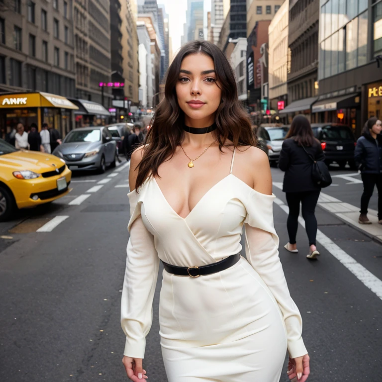 "((masterpiece)), best quality, sensual Victorian dress, happy and elegant Lauren Jauregui strolling through a lively city, wide shot, exciting scenery in the background, golden light, soft shadows."