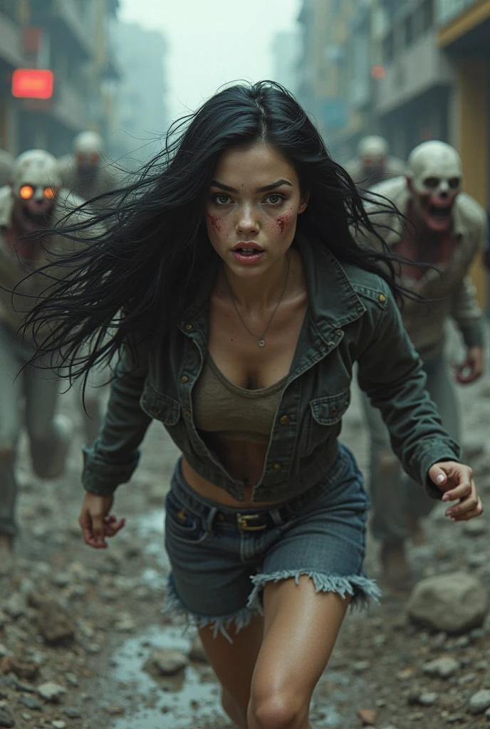A horde of zombies chases a black-haired teenage girl.