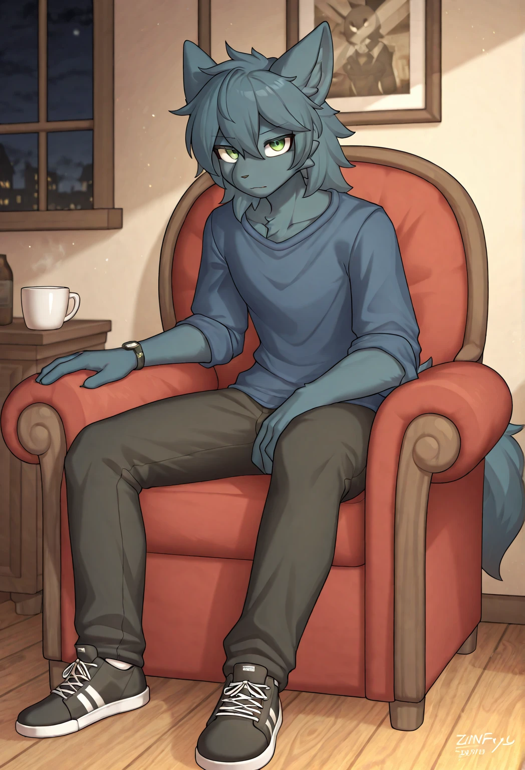 ((best quality)), ((masterpiece)), (detailed), furry, gay, male, crocodile, underwear, embarrassed, blue wolf, penis, penis outline