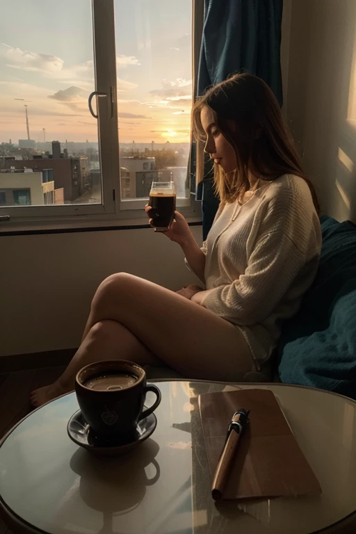 Balcony with plants, View of the metropolis from above, peaceful atmosphere, A little dark in the sky Young skinny brunette shirtless woman swinging on velular, With coffee on the table, Dog sitting on the ground and enjoying the view,