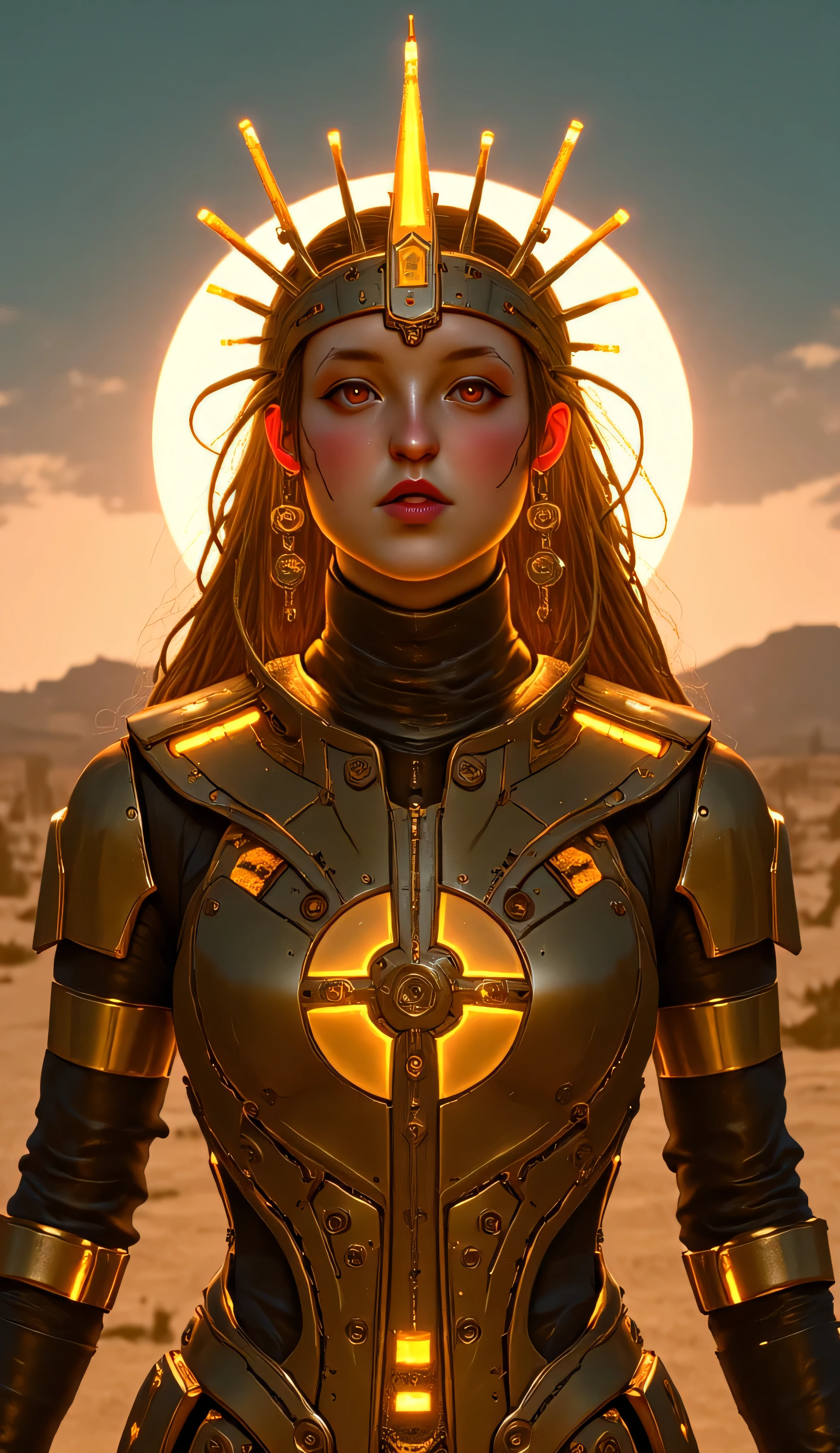 Bella Ramsey as Ra, Sun Goddess, futuristic version, Egyptian sun deity, biopunk techno-pharaoh style, face is illuminated by cybernetic golden tattoos that pulse with solar energy, biomechanical sun disk hovers above head, entwined with serpentine wires resembling a high-tech uraeus, armor is a seamless fusion of organic gold plating and advanced nanotech fibers, glowing with solar circuits and hieroglyphic code, eyes shine like twin suns, hands radiate plasma light, stands, vast desert temple of chrome and obsidian, digital sun rising behind, Egyptian mysticism, sci-fi surrealism, inspired by artists like H.R. Giger and Moebius, ultra-detailed, high-concept, dramatic lighting, mythopunk fantasy