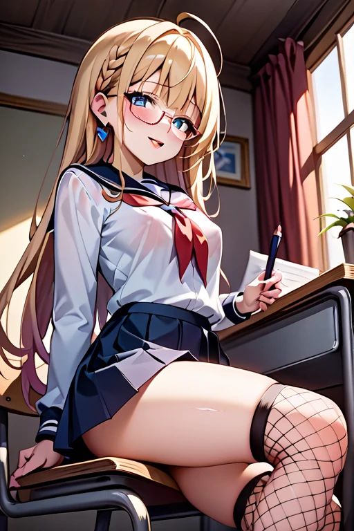 nsfw、BREAK Perfect Anatomy、Highest quality、(cute:1.1)、(cute)、(High resolution:1.2)、Unbelievably absurd:1.3、Incredible illustrations、(cuteイラスト:1.2)、Beautiful background、(1 girl) 、solo)、(10th Generation、JK、Loli face、Small breasts:1.2)、 Blonde hair and blue eyes, Long twin tail hair,Brown muscle 1:2, Cute Hips, slender、,(Sleeveless Sailor、mini skirt、plaid pants、(),White garter stockings、Headphones、Glasses、Bonbon),(squatting,arms behind head,spread legs)