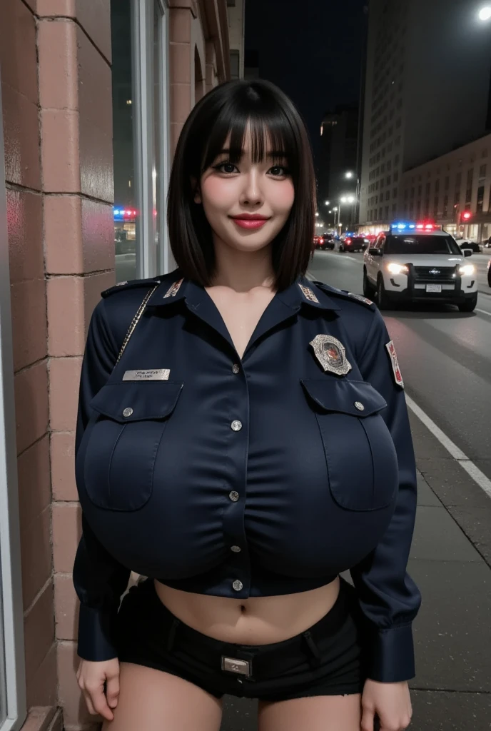(Hyper Real)、(((Super futuristic female police officer)))、(((Beautiful woman)))　High resolution　High resolution　Realistic　(((Police uniform)))、short hair、(((Big big boobs)))、((Blonde busty woman))、Mature Busty Woman、Middle-aged mature woman(((Very big boobs)))、(((Big big cleavage))),,,,,,、Fine skin、超High resolution、Realistic、Beautiful smile、Middle-aged beauty、Beautiful expression、Detailed skin texture、Beautiful brown eyes、Fluffy long hair、Very delicate and fine skin、(((３５Old mature police officer)))、(((Big big boobs)))、(((Daytime entertainment district)))、(((Busty female police officer)))、Red lips、(one person)、