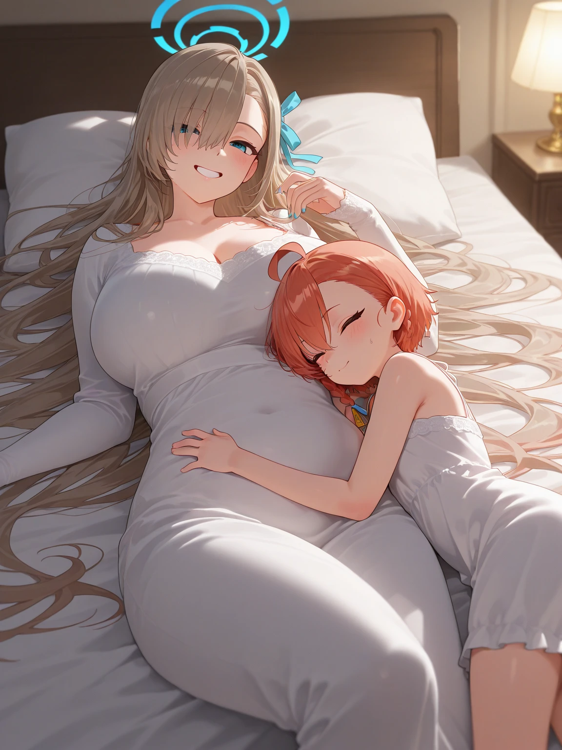 ((masterpiece)), (Highest quality), (detailed), (One girl:1.5),,Red eyes,Light brown hair、Long Hair、Wolf Ears、,bed、Large Breasts、blush、T-Shirts(tight)Maxi Dresses、Pregnant women