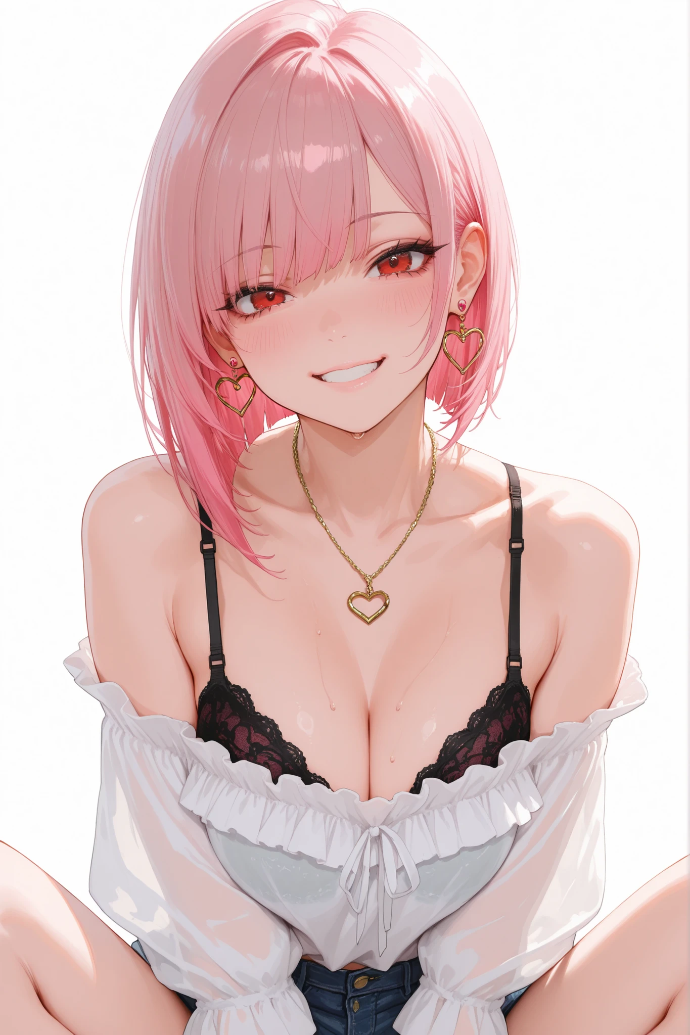 ((Highest quality)), ((masterpiece)), (detailed), One girl, Off-the-shoulder sweater, I can see your pants,Pink-haired twintails,The upper body is only a bra