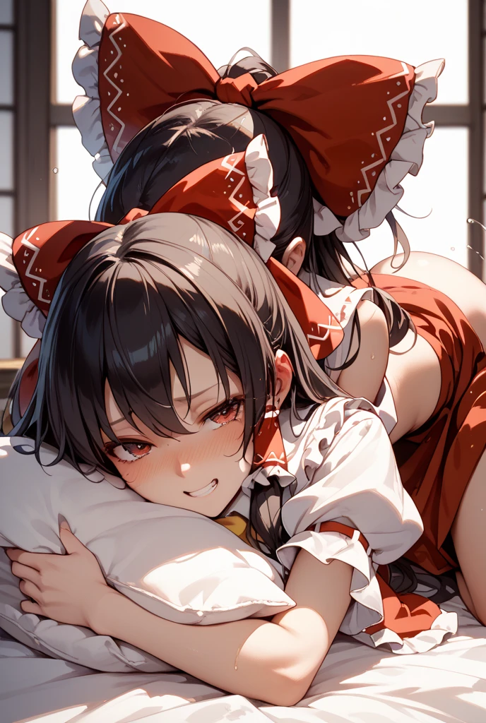 (Reimu Hakurei Creampie Watery eye Sweaty disgusted face Semen all over the body Big Breasts Clothes get torn gangbang,2boys vaginale,Sex,back