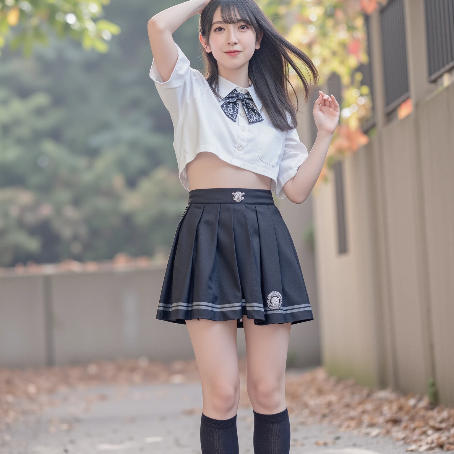 full body,from below,A 14-year-old junior high school girl with long black hair wearing a school uniform with a light smile,
