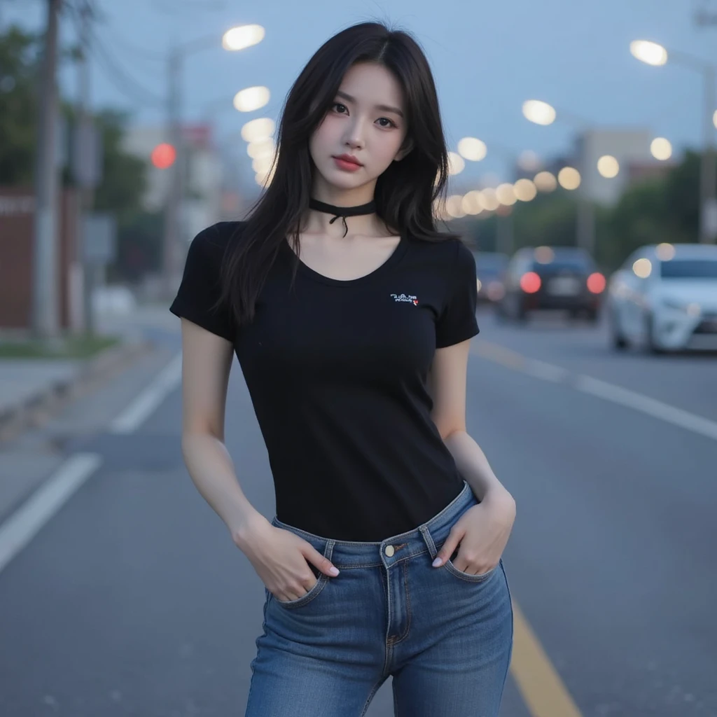 Please create an image of two people. First, a stunning beauty who is half French and half Japanese. She has an exceptionally beautiful face, with striking blue eyes and long, straight blonde hair. She wears a cute dress and has a smiling expression. The second person is a man with black hair and long bangs. He wears a T-shirt and denim. His expression is slightly bashful. The composition should be an upper body close-up image, with the beauty on the right and the man on the left, standing side by side.