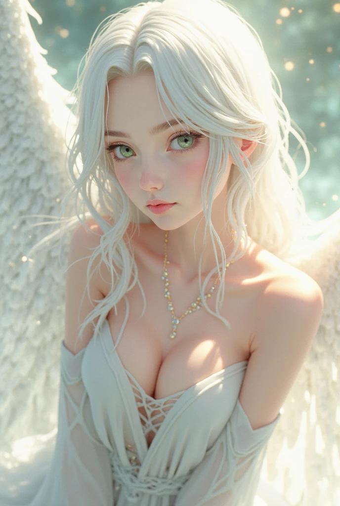 ((ultra quality)), ((realistic,digital art)), (hyper detailed) a beautiful angel woman with halo of light, nude, intricate detailed face, delicate facial features, porcelain skin, ethereal, serene expression, elegant pose, feathered wings, graceful, divine, shimmering light effects, cinematic lighting, chiaroscuro, dramatic shadows, muted color palette, romantic, dreamlike, mystical