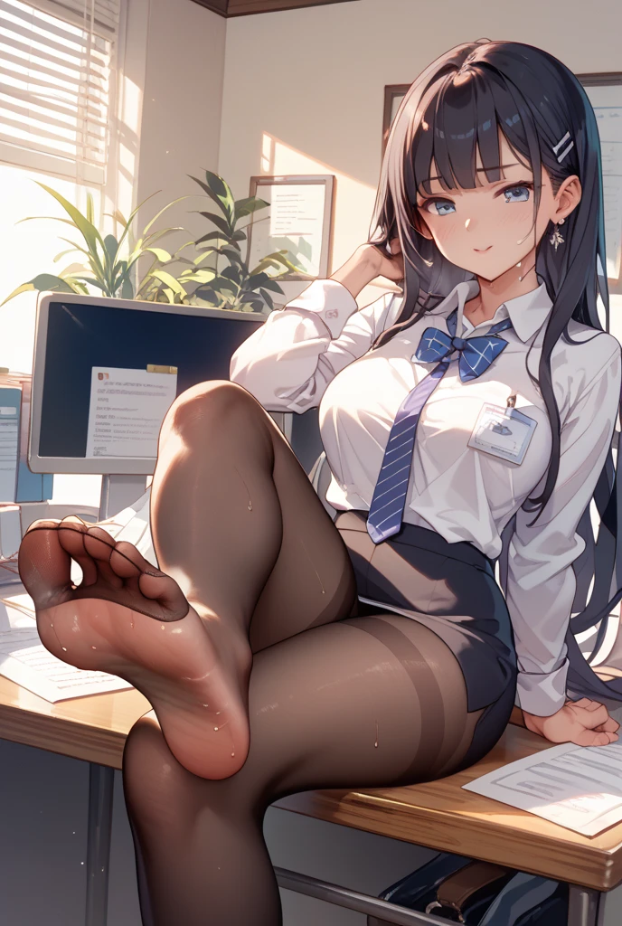 score_9,score_8_up,score_7_up,score_6_up,score_5_up, ,, hadrian,standing and show foot,standing and show sole,from above,foot focus,fisheye,standing on one leg,sole,black pantyhose,office,office lady, high heels, (using high heels not barefoot), high heels soles, shoes