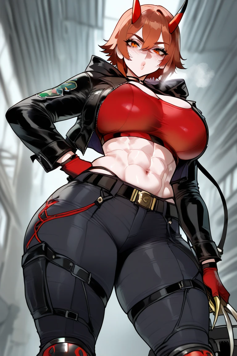 sukeban, (street of fighter 6, dead or live, tekken, street of rage, Rival schools,Kizuna Encounter: Super Tag Battle, Rumble Roses), punk, Ikkitousen, kill la kill, mature_female, full body, river city girl, (british female, japanes female, female_teatcher, punk_female, )blush, mature, (solo female, solo girl: 1.3), gloves, black gloves, tifa bridal gauntlets, fishnet, sukeban outfit, (jeans, boots, high boots, fully clothed, red hair, red short hair), short punk haircut, earrings, ear piercings, red eyes, (jacket, fighter outfit), by ilya kuvshinov, piercing, erect, visible through clothing,delinquent,