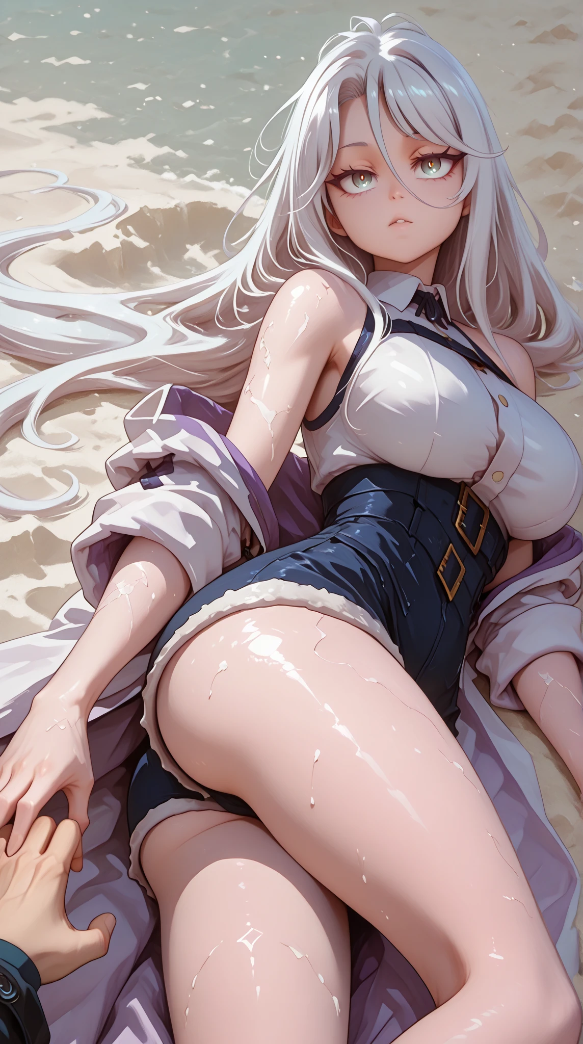 1girl, solo, long hair, breasts, looking at viewer, bangs, blue eyes, large breasts, hair between eyes, bare shoulders, very long hair, swimsuit, full body, ass, white hair, thighs, outdoors, lying, sky, barefoot, day, looking back, cloud, from behind, feet, tree, blue sky, legs, one-piece swimsuit, bare arms, bare legs, toes, ocean, on side, beach, soles, sand, palm tree, white one-piece swimsuit
