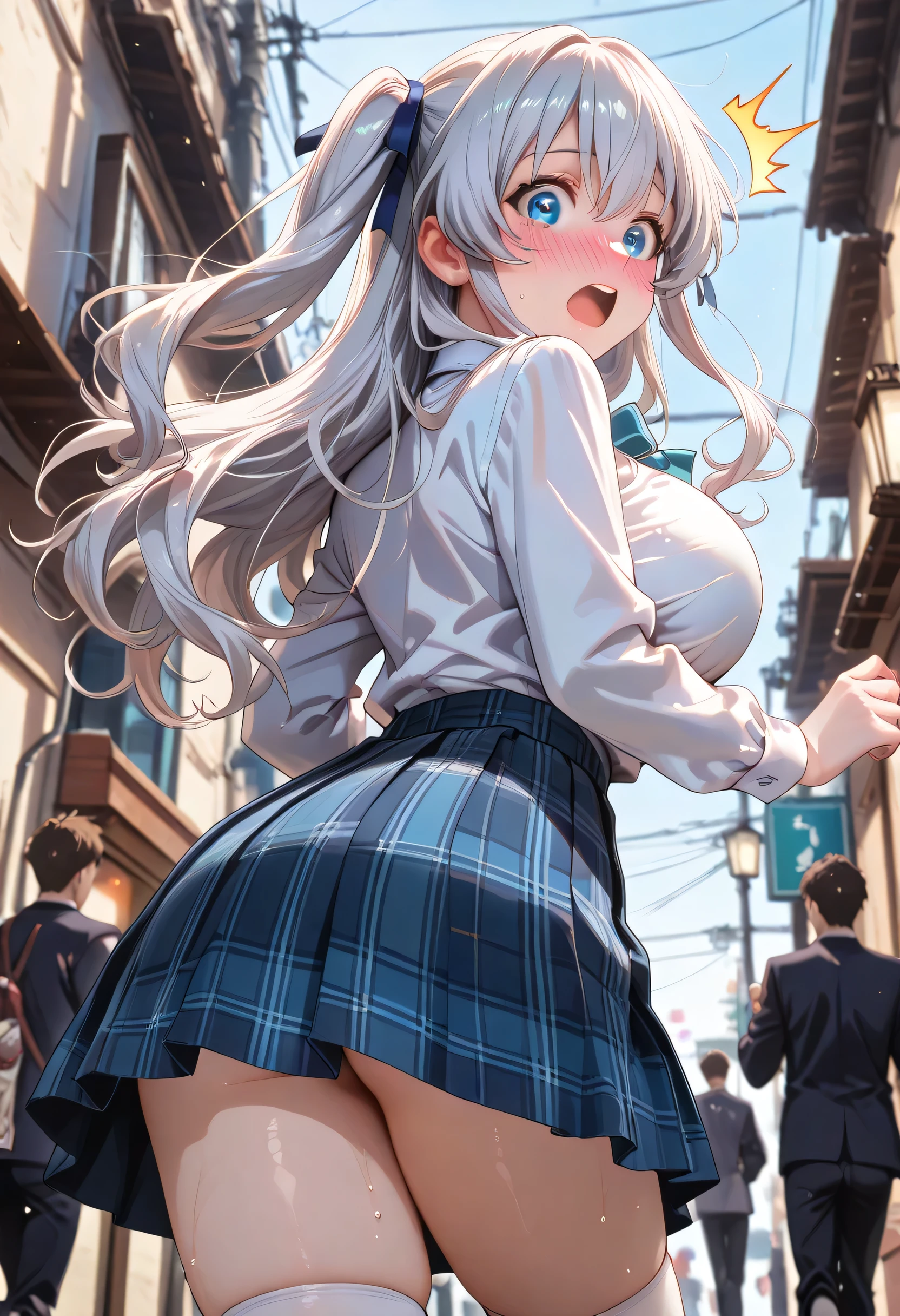 highest quality、High resolution、detailed background、beautiful and detailed face、beautiful and smooth skin、skin texture、professional lighting、Beautiful teenage girl、3 women、(huge breasts:1.1)、big ass、panty shot、sexy panties、string panties、cuteセーラー服か制服、white sailor collar、Pleated mini skirt with tartan plaid pattern、cute編込みヘアスタイル、High Socks Over Knee、knee high socks、
Sunny、school zone、in the city、(backwards、emphasize the buttocks)、strong wind is blowing、panty shot、cute、emphasize the buttocks、look at me with cold eyes、sexual expression、sexual butt and back、cute
