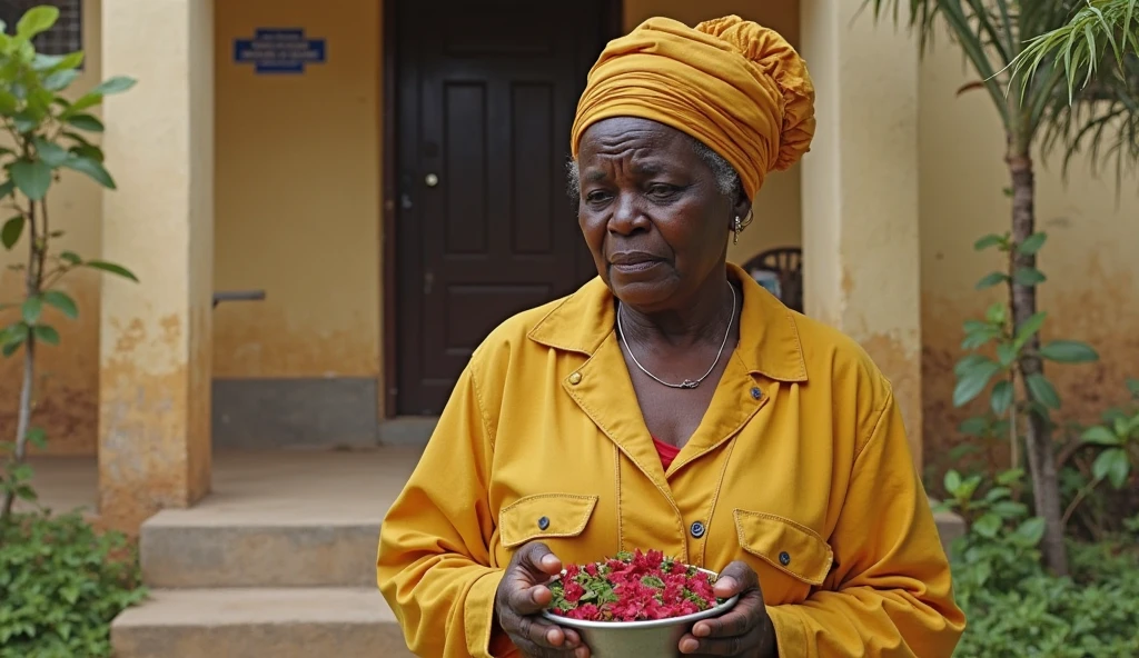 Elderly black lady in white blouse and skirt and white head cloth holding a porcelain bowl filled with herbs in a humble clay yard