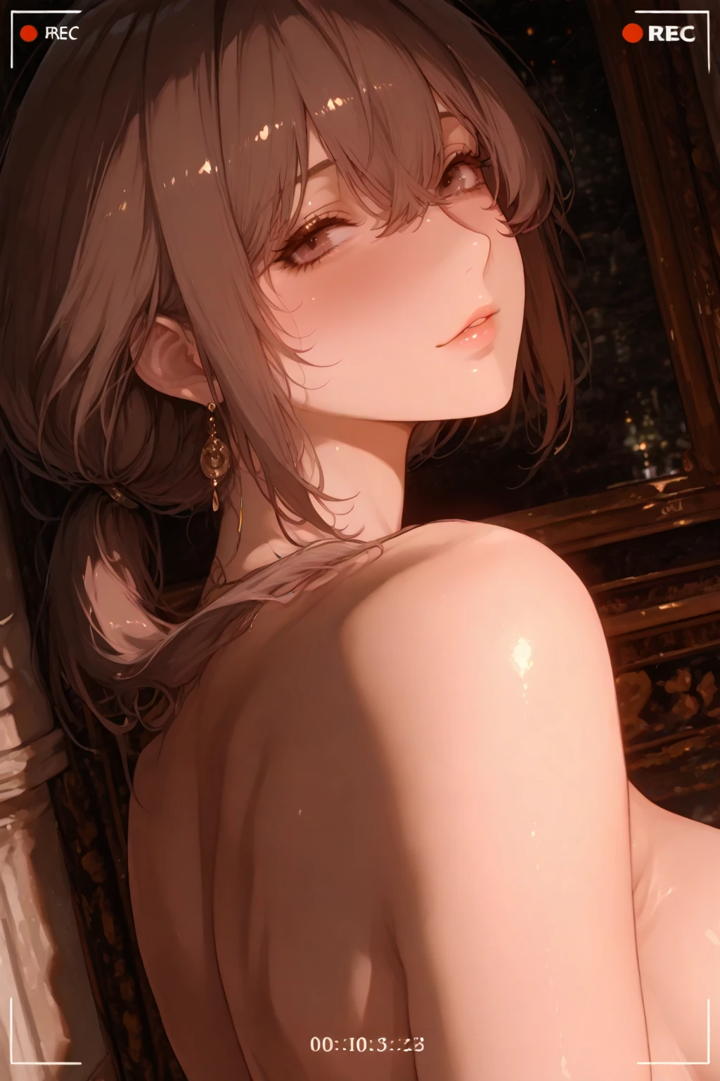 (bent over in luxurious bathtub:1.1) (arched back) (from side) (inviting body posture), (golden halo) black choker, night, dark cozy bedroom, mood lighting, on bed, Perfect Anatomy, performance, Good lighting, mood lighting, large breasts, large butt, thin waist, Long HAIR, light brown HAIR, golden eyes, (inviting seductive horny look:1.4), playful smile, original HAIR style, Dynamic Angle, (detailed face:1.3)