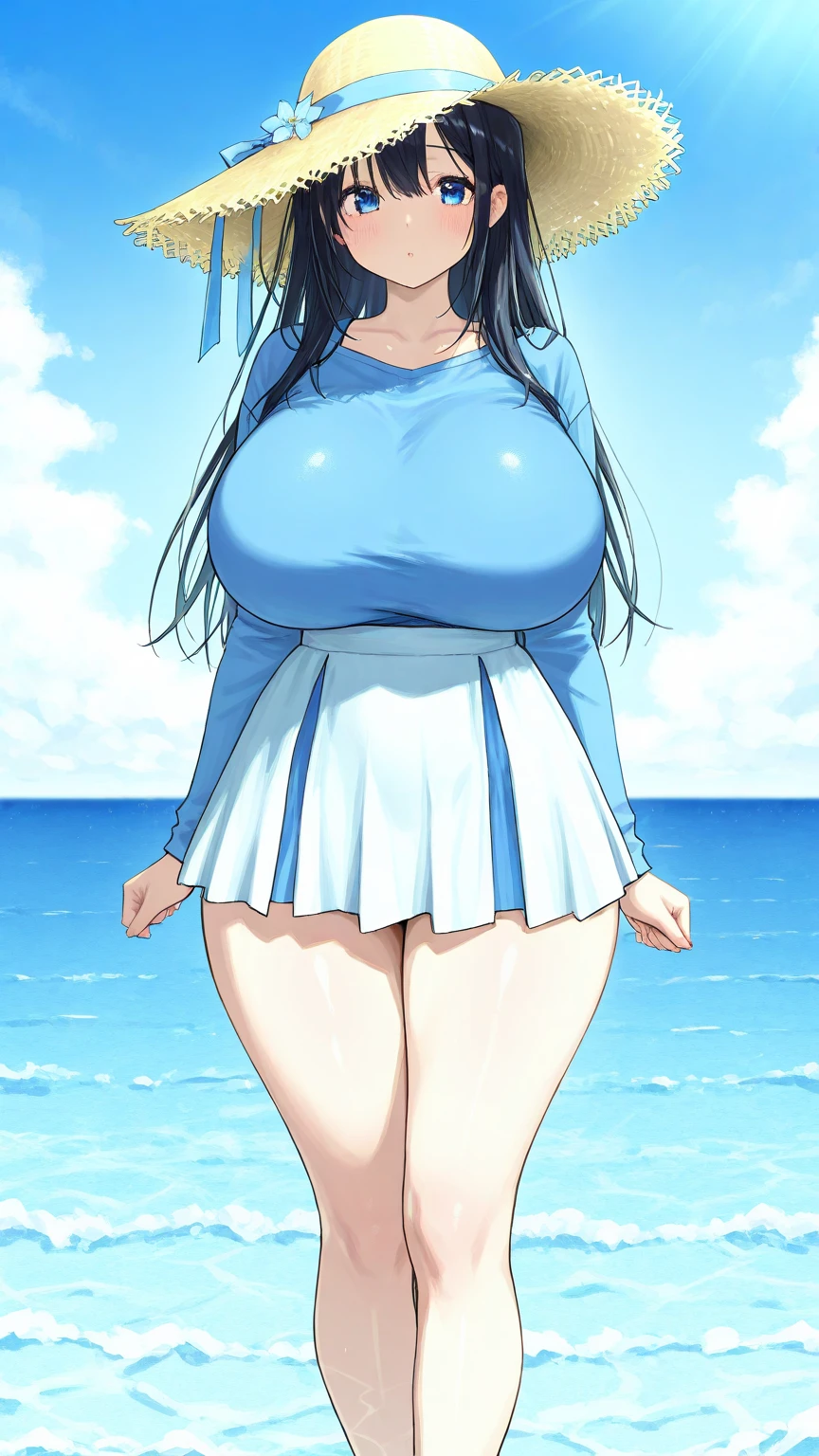 A Beautiful Cute Thick Young Girl, with ((Long Black Hair)), (Big Beautiful Bright-Blue Eyes), Large Breasts, Huge Thighs, and a 5.5 foot tall figure. Wearing a (Cute, Shoulder-less White Dress), with a (Black Skirt). Standing in a Modern House, with a Beautiful Ocean view in the background. Big Cleavage, Cute smile, embarrassed expression,