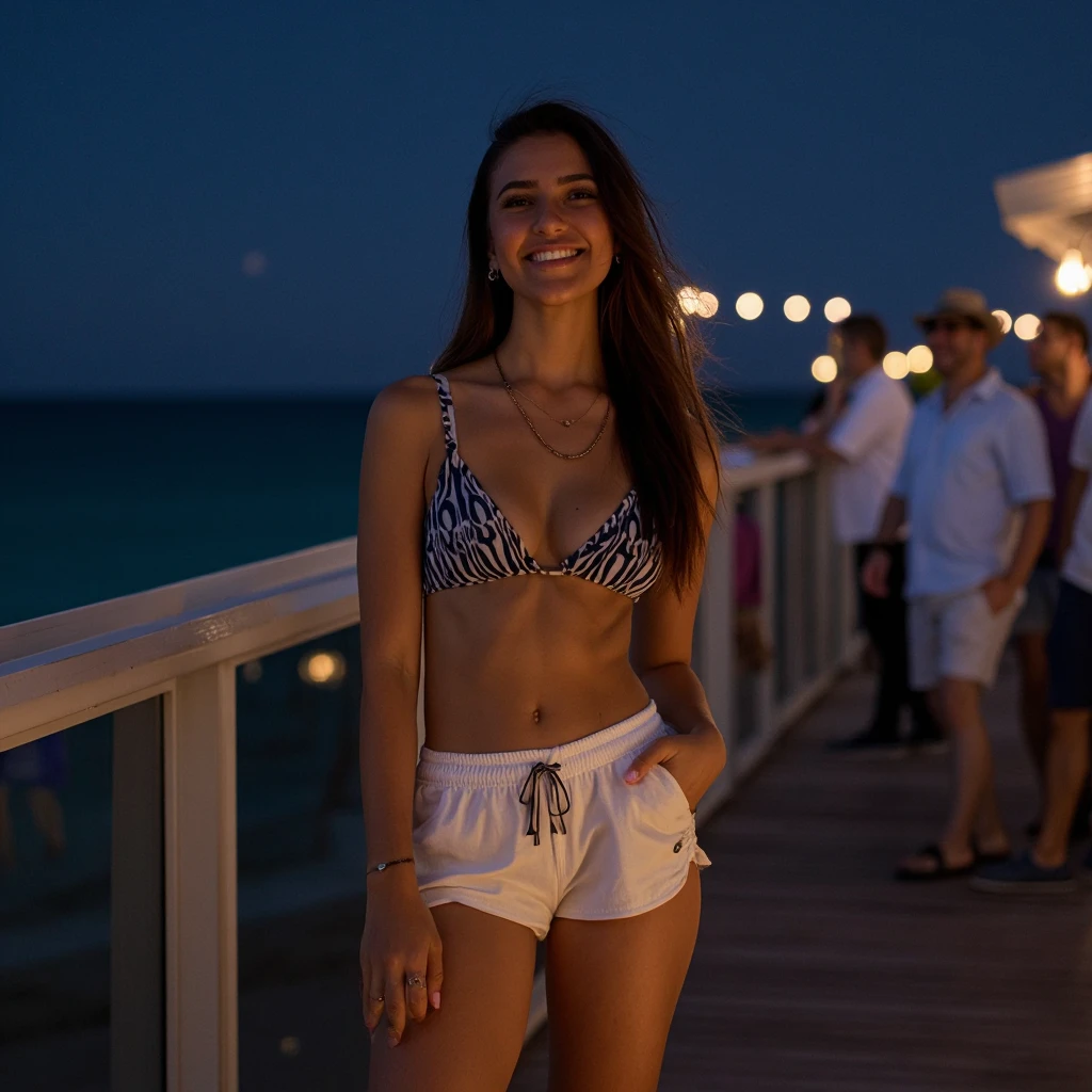 Night shot 25 years old single Russian girl with a smile wearing a waisted Bikini Bottom with Sash Detail on a beach casual but realistic photography