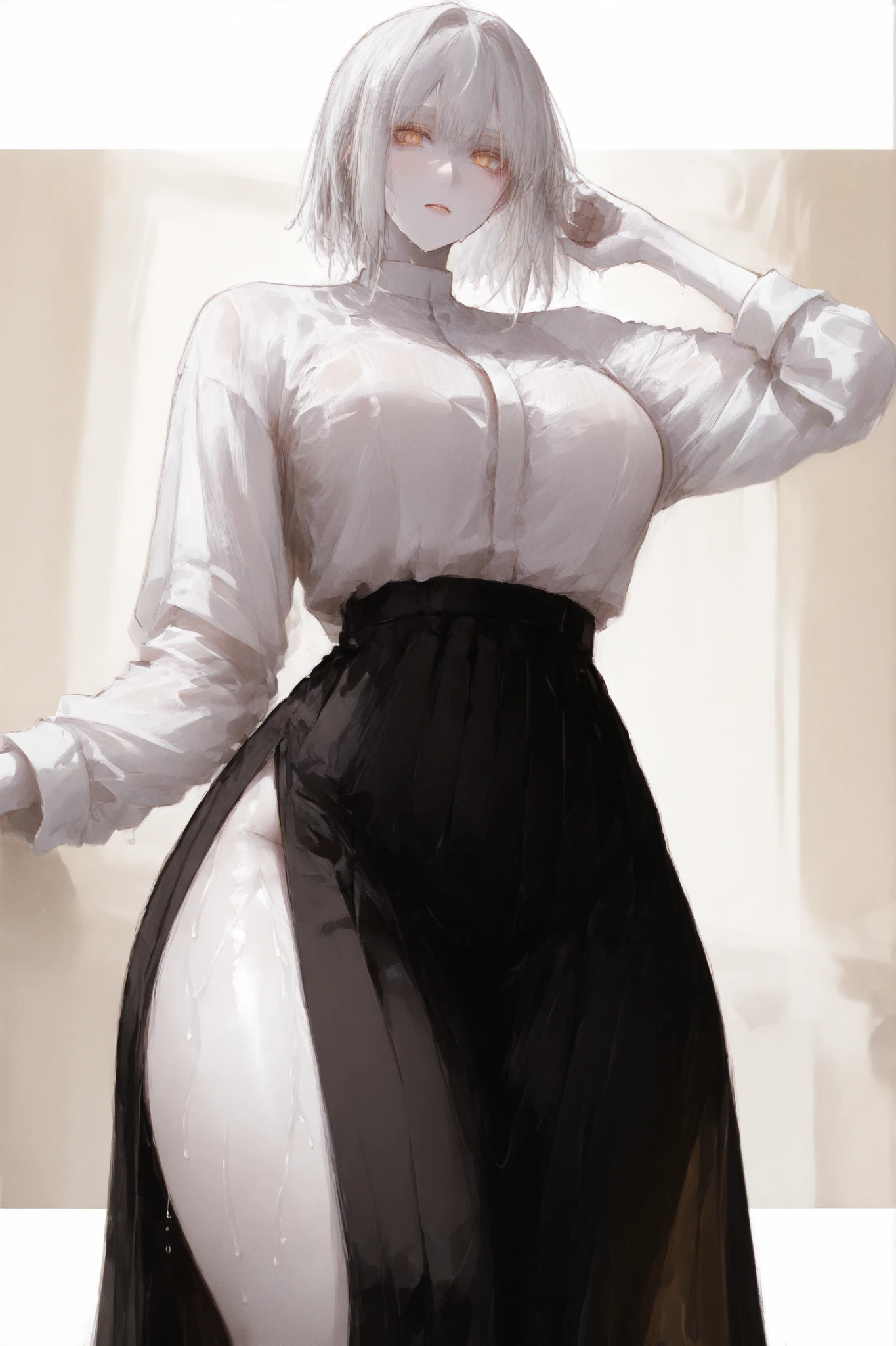 long skirt Blanca, white shirt, and white skin, golden eyes, white hair, thick thighs, clothes disappear soaked in sweat