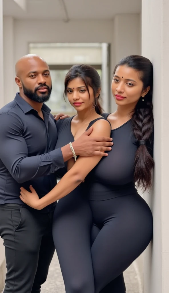 three asian girls wearing tight-shirts and long white  yoga-pants  (the girls express desire) (kneeling on-floor) (the girls surround a huge muscular black african man) (the huge muscular black  african man stares at the girls)
