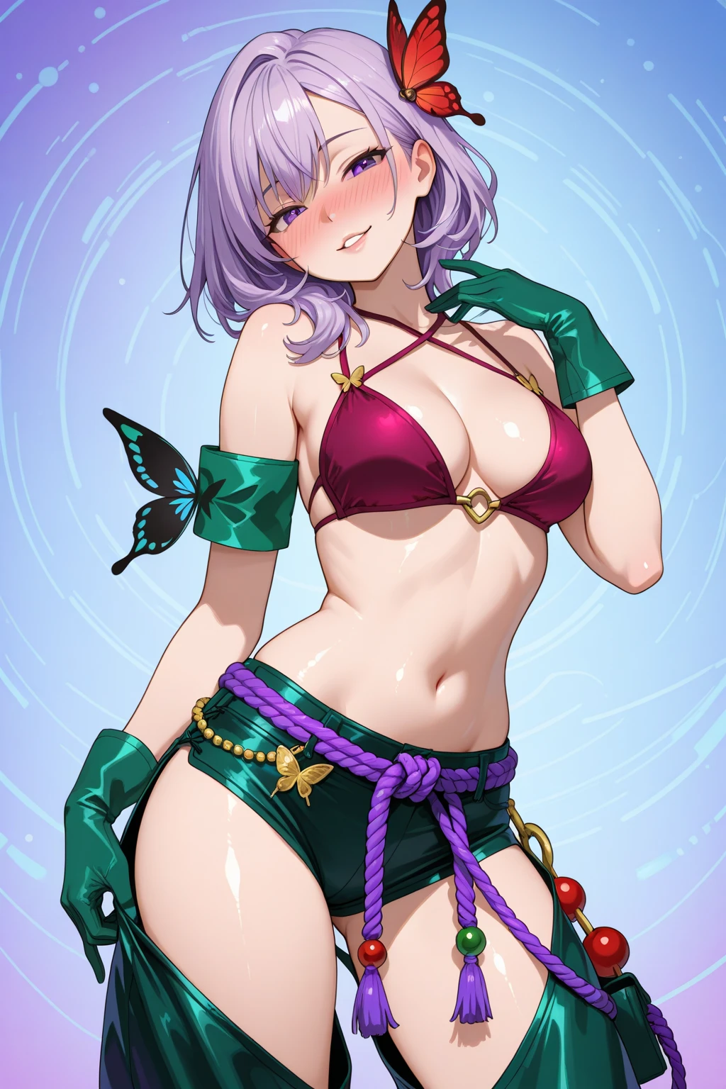 1girl, solo, beautiful girl, green skin, green eyes, big eyes, long eyelashes, green hair, short hair, shiny hair, asymmetrical bangs, asymmetrical hair, medium breasts, purple panties, floral print panties, purple scarf, looking at viewer, bare arms, bare shoulders, disgust face, narrow waist, big butt, violet lips, lip gloss, makeup, perfect hands, perfect anatomy, nipples, puffy nipples, cleavage, midriff, navel, topless, breasts focus, purple background, round windows, inside,