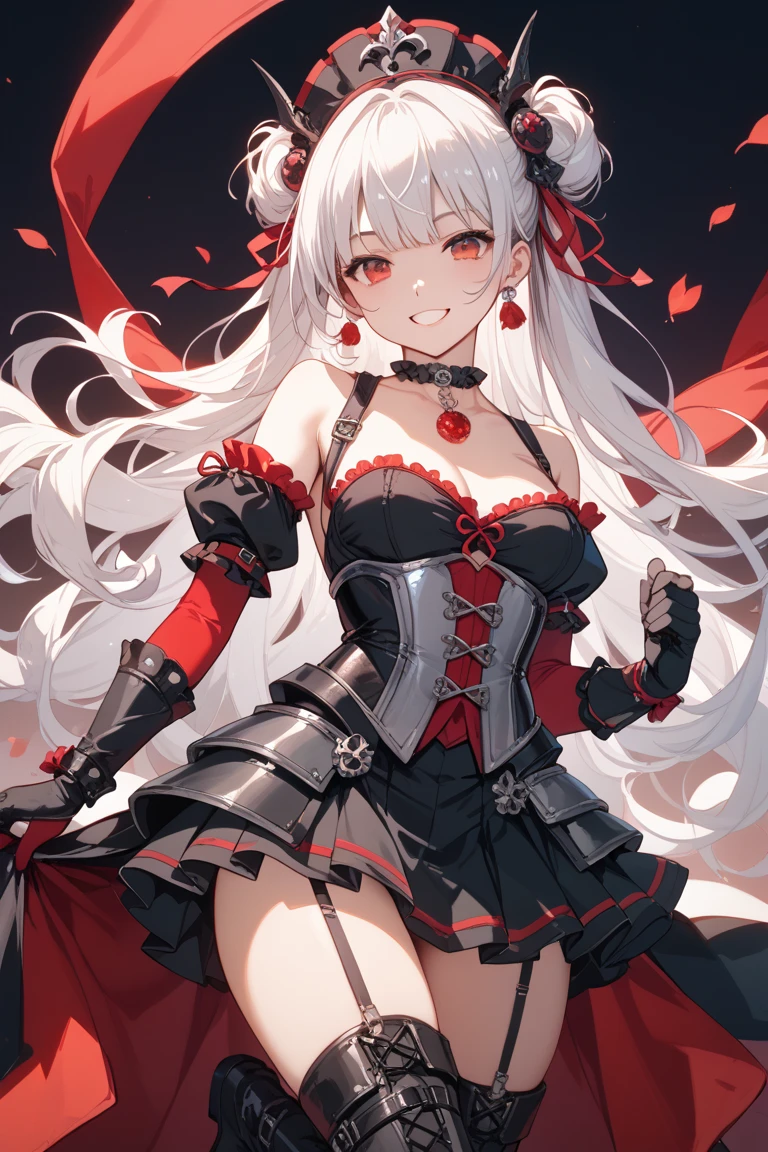 high quality, masterpiece, Very detailed,Long Hair, beautiful girl,Gray Hair,Red eyes,chest,Shoulder Bare,crown,aristocratic dress,Black fishnet stockings,Looking at the camera,Cat pose,Jagged teeth,I'm showing my tongue,Background ghost