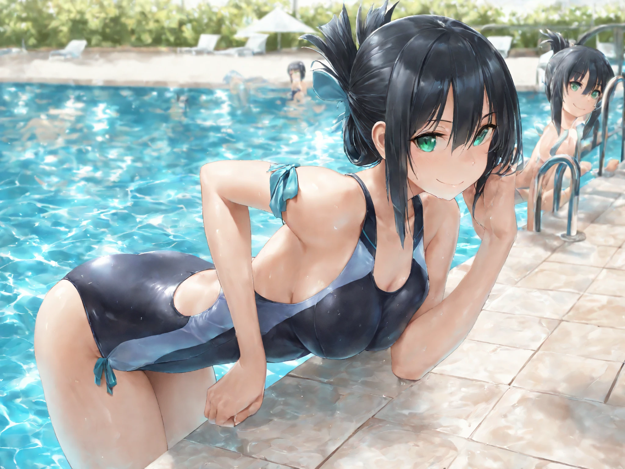 ((top-quality))、((​masterpiece))、girl with、Formal-up、a blond、Blue eyes、gals、beautiful detailed eyes and face、pretty skin、Realistic、a very cute、18year old、School swim wear(Dark blue color、Simple design、Matte texture、Wrinkle、Wet、Polyester material、shadings、)Wet body、Anime Face、Beautie、Facing the front、big eye(Beautiful fece、Anime Face、Clear eyes、Fine details、beautidful eyes)Well-formed face(Beautiful nasal muscles、Perplexed、sharp mouth)full of sweat、sodden、Wet feeling、Background with(sunny sky、takeout)、8K picture quality、perfectly proportions、A slender、red blush、female focus on, hair adornments,length hair, Look at viewers,pissing、お漏らし、pee、getting wet