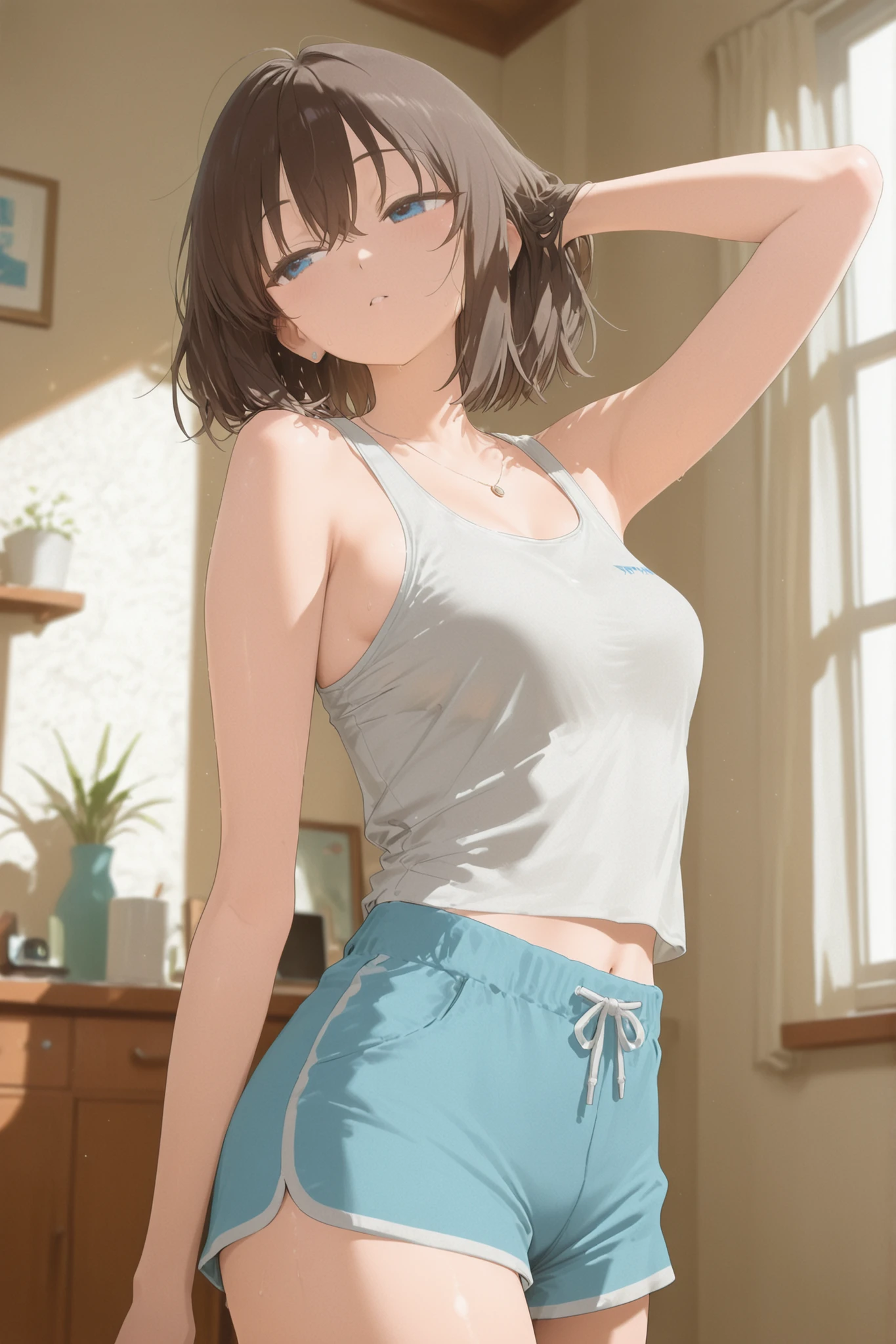 (8K, RAW Photos, 最high quality, masterpiece:1.2), high qualityのRAWカラー写真, Professional photo shoot, Cinematic Light, alone, (((young woman, Gal))), (Sharp features), (Small face), (Skin with attention to detail:1.2), clavicle, Cute face, beautiful appearance, Long eyelashes,Girl Turning Around, smile, (Black Hair, Very Short Hair), White T-shirt, Sporty shorts, gym, Confident attitude, Capture the happy moment, Artistic painting,Attractive thighs, sneakers:1.2, (Very nice touch:1.2),はにかんだsmile), Peaceful atmosphere, Oil painting style, Bright colors, (Are standing:1.5, gymのコート, Full body portrait), Smooth texture, Gazing Eyes, beautiful Skin, Shiny skin, ((Perfect Fingers, Five Fingers, Anatomically correct)), Background Blur, high quality, Surreal, ((Very detailed, photo shoot)),thin、showing her 、beautiful Abs、Sweaty、beautiful 、Cowboy Shot、Open shirt、beautiful腹筋、Small breasts、slender、show small breasts、I&#39;m sweating a lot、blush、show、Focus on the face、near