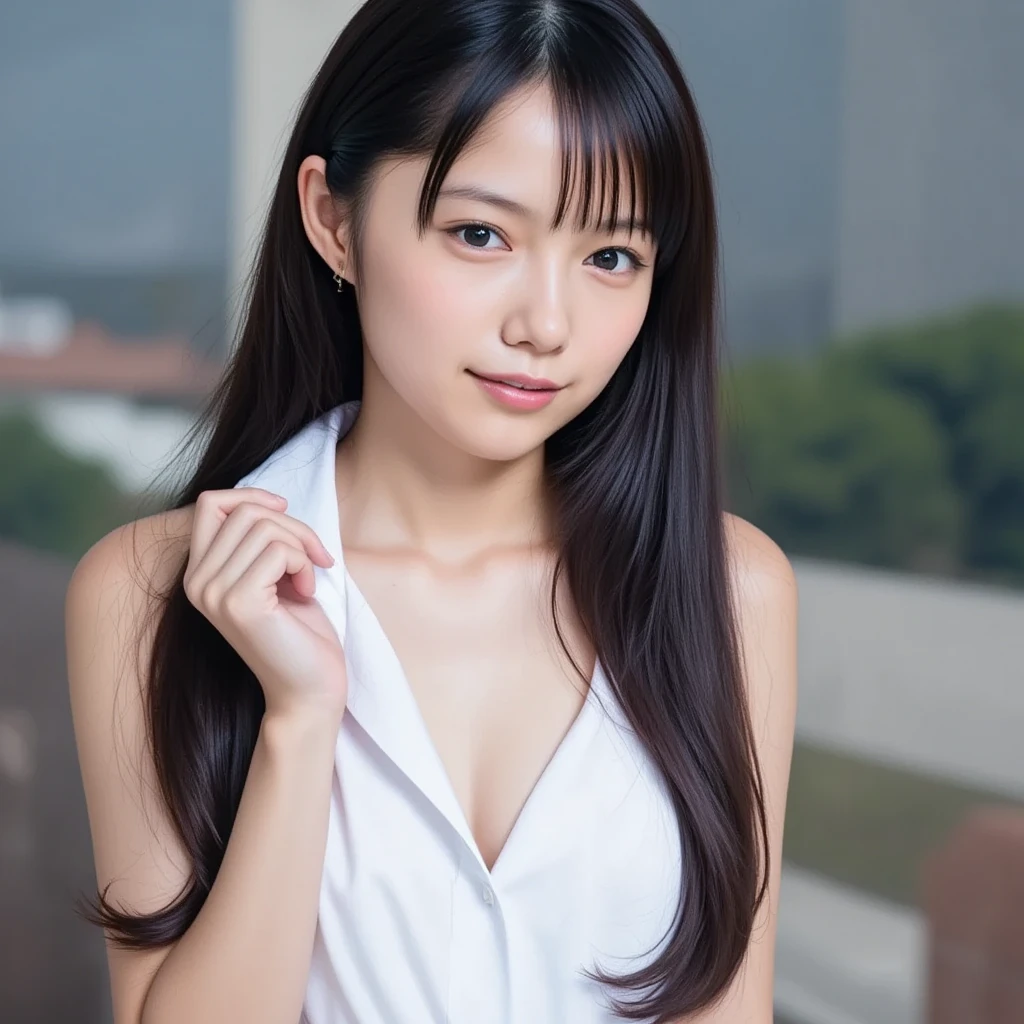 (masterpiece, Highest quality, RAW Photos, Realistic:1.2), One girl, avert your eyes, sad, beautiful girl, cute, Delicate girl, Put your hair up, Depth of written border, High resolution, 非常にdetailedな, detailed, 非常にdetailedな目と顔, Realistic students, Sharp focus, Cinema Lighting, Upper Body, bangs, Silk shirt,