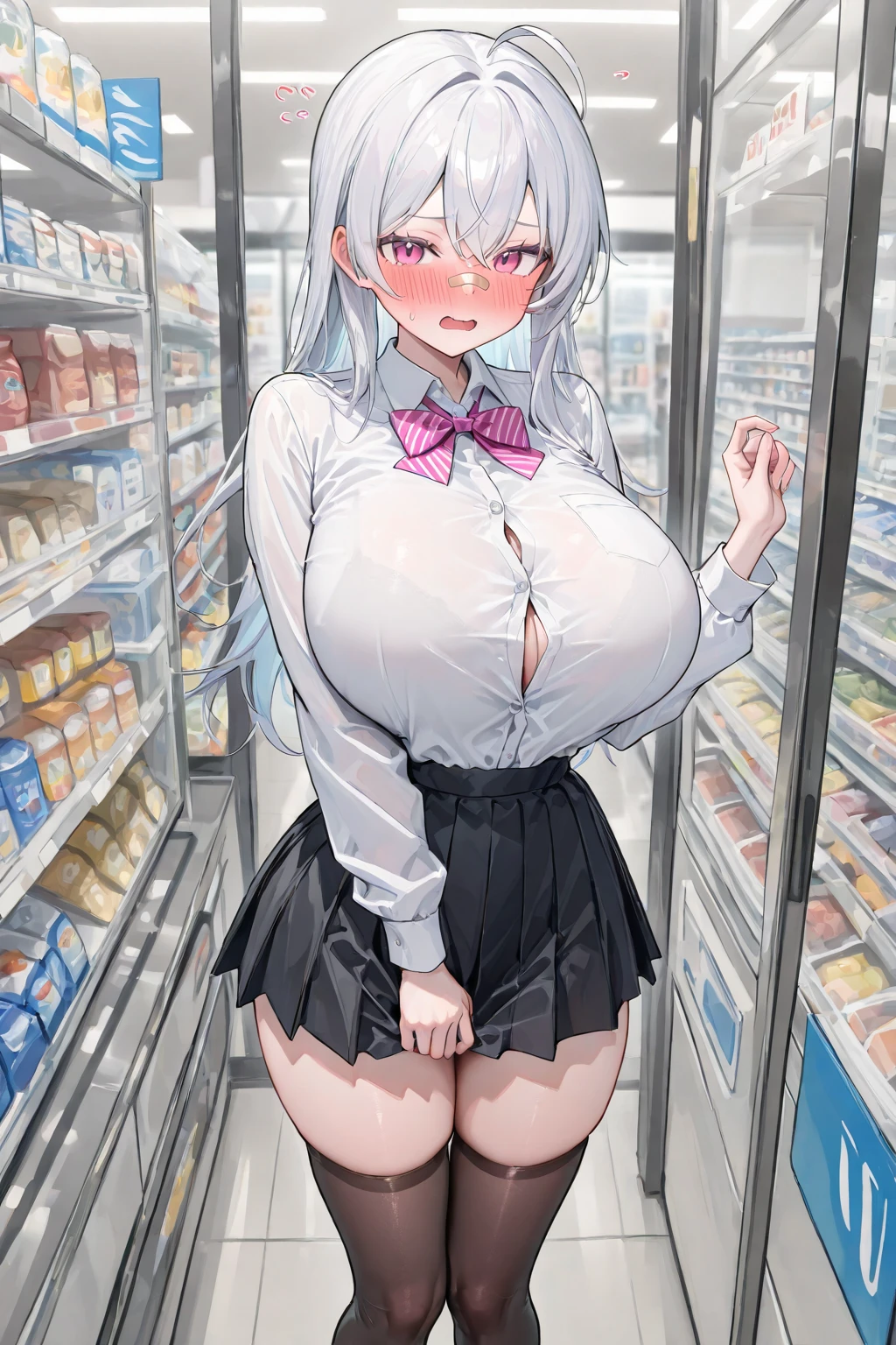 photo of kawaii jpn-jk, empty eyes Running, wearing nothing, big anime eyes, , shiny hair, bare-skin, navel, the groin, BREAK in front of convenience store, large breasts、 Nipples, nsfw, nipple , wet Flooding sea