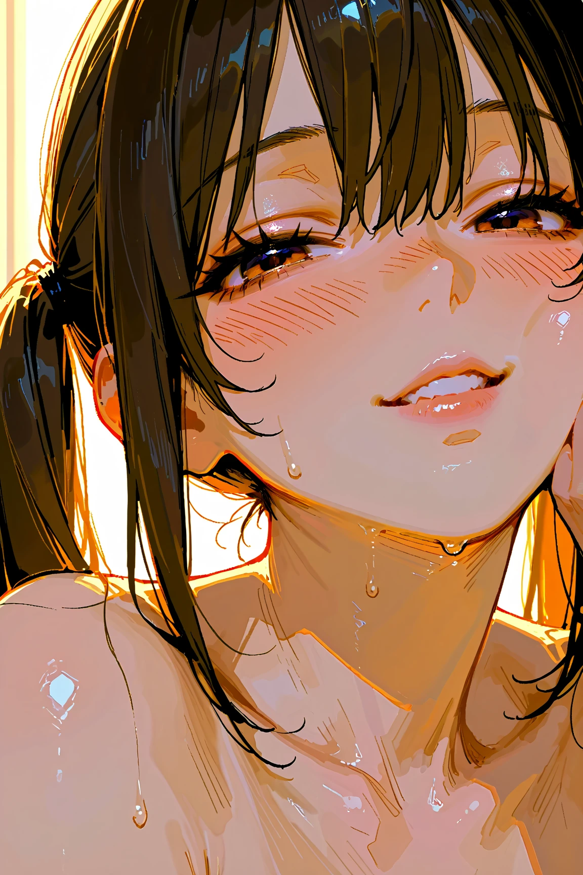 ((highest quality)), ((masterpiece)), (be familiar with), perfect face, realistic skin texture、A Japanese woman touches a man's body、touching each other's naked bodies、I can see the whole body、indoor、Completely naked、fingers touch genitals and breasts、wet skin:2.0、Sweat:1.5、black hair、very short hair、overbite、big mouth、freckles、wet hair、22 years old、Full body shot、I can see the breasts、open legs、pubic hair、Drool、stick out tongue、Sexy expressions、half open mouth、Expression of feeling、A lot of on the face:2.0、Emphasize breasts and buttocks