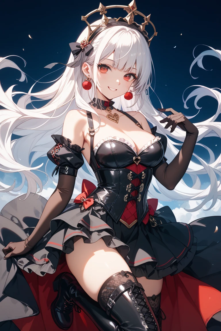 <lora:Corset EDG:0.75> corset, wearing a corset, red corset, frilled panties,, ultra detailed, masterpiece, best quality, aesthetic, detailed,, serious, 1girl, (white eyes:1.1), (grey eyes:1.3), white hair, very long hair, parted hair, parted bangs, <lora:parted_hair_v1.3:1.3>, medium breasts,