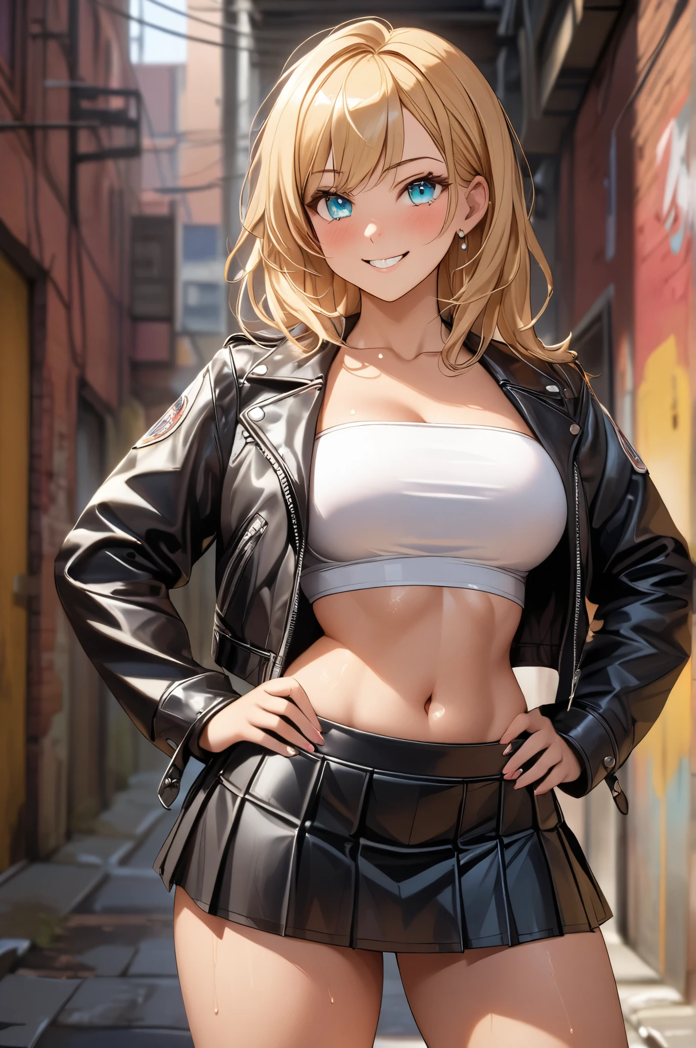 (masterpiece、top-quality、hight resolution、Unity 8k、extremely details CG:1,Best Picture), modred, (green eyes:1.5), blonde hair, ponytail, short hair, scrunchie, red scrunchie, hair scrunchie, denim, denim shorts, jacket, jewelry, midriff, navel, necklace, red jacket, short shorts, shorts, tube top, white top, nsfw, female thug, disapproving, Negotiating the price of prostitution, ‘You want to buy me for that kind of money?’