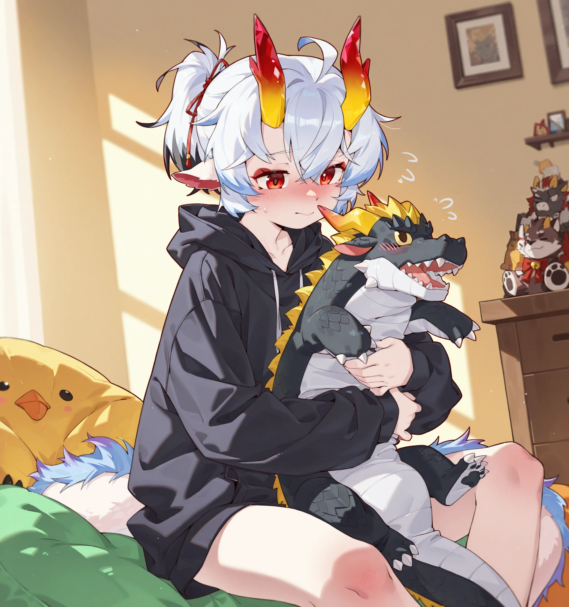 three fourths view,Dark blue body,Fluffy hair,Shota,blue hairs,toddlers,Blue eyes , adolable, Master masterpieces, A high resolution,8K,detailedbackground,high high quality,Libido boy,solo,Dragon's horn,Dragon's horn,((solo,solo person, arms tied,kneeling on a bed)),the shy,((lalafell)),solo person,((by puinkey,by Artista:1.2),(by unrealplace,by kuroisumi,by milkytiger1145,by moki,by emolga 1,by ovopack:1.2),(by cydonia xia:0.8),(by Pino Daeni:0.8),(by hioshiru:0.8),(by chunie:0.8).)