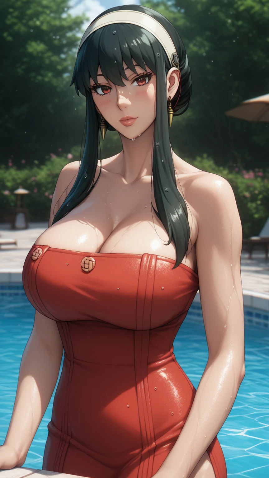 reality、8k、Super high chroma、13 year old girl、face reality、(((Emphasize big breasts and cleavage)))、smile、indoor pool background々sexy pose part 1.5、((()wet with water 1.5)))