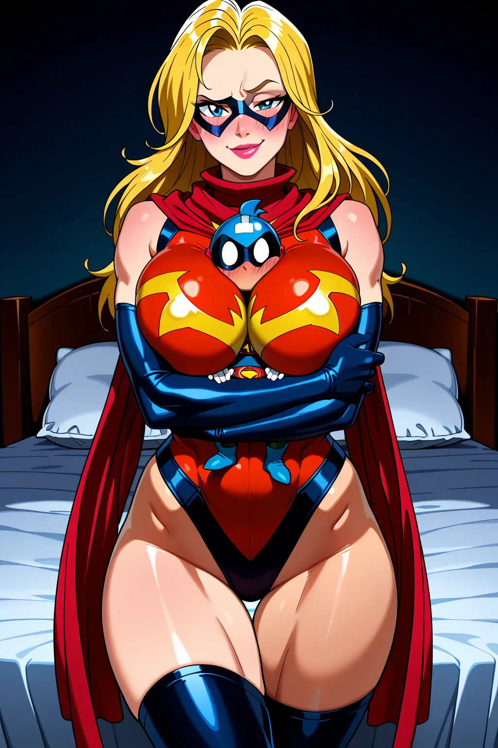 score_9, score_8_up, score_7_up, score_6_up,score_5_up,score_4_up, BREAK domino mask, american flag print, striped bodysuit, red cape,starandstripe, toned, antenna hair, long hair, orgasm grin, (nude:1.2), (nsfw:1.2), pubic hair, spread legs, legs up, hold own thighs, lying, in room, on bed, large breasts, nipples, penis to anal, (pussy juice:1.2), cum, trembling with sexual climax, finger on spread pussy, hyper muscle male, anal sex, (Allmight:1.2), hyper muscular woman on top, (cleavage:1.4), extremely detailed eyes and face,