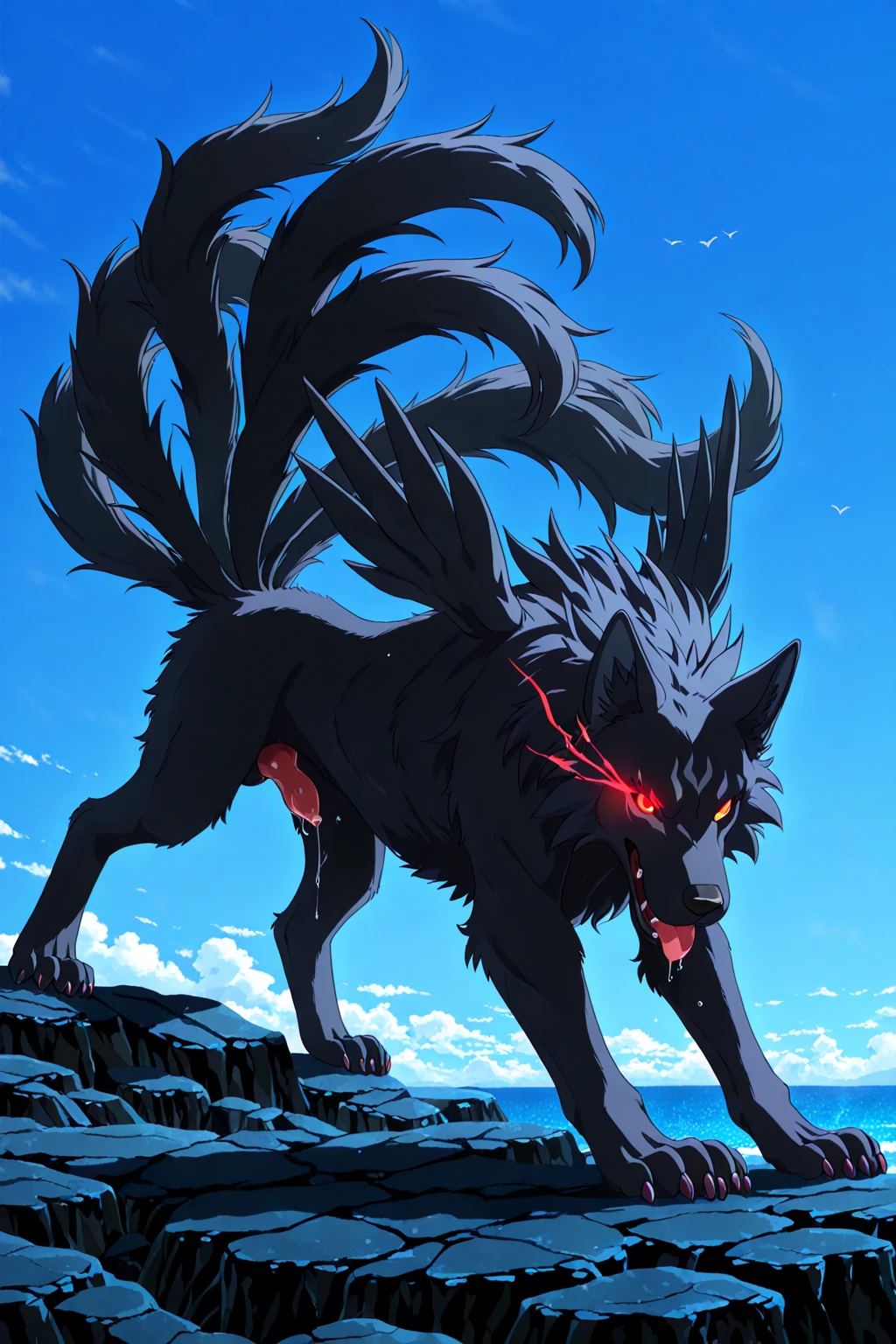 At night, the sky is full and the moon is high, pines and cypresses, pine waves, moonlight spills through the branches and leaves to the grass, and a giant wolf with three red eyes and silver fur howls at the moon