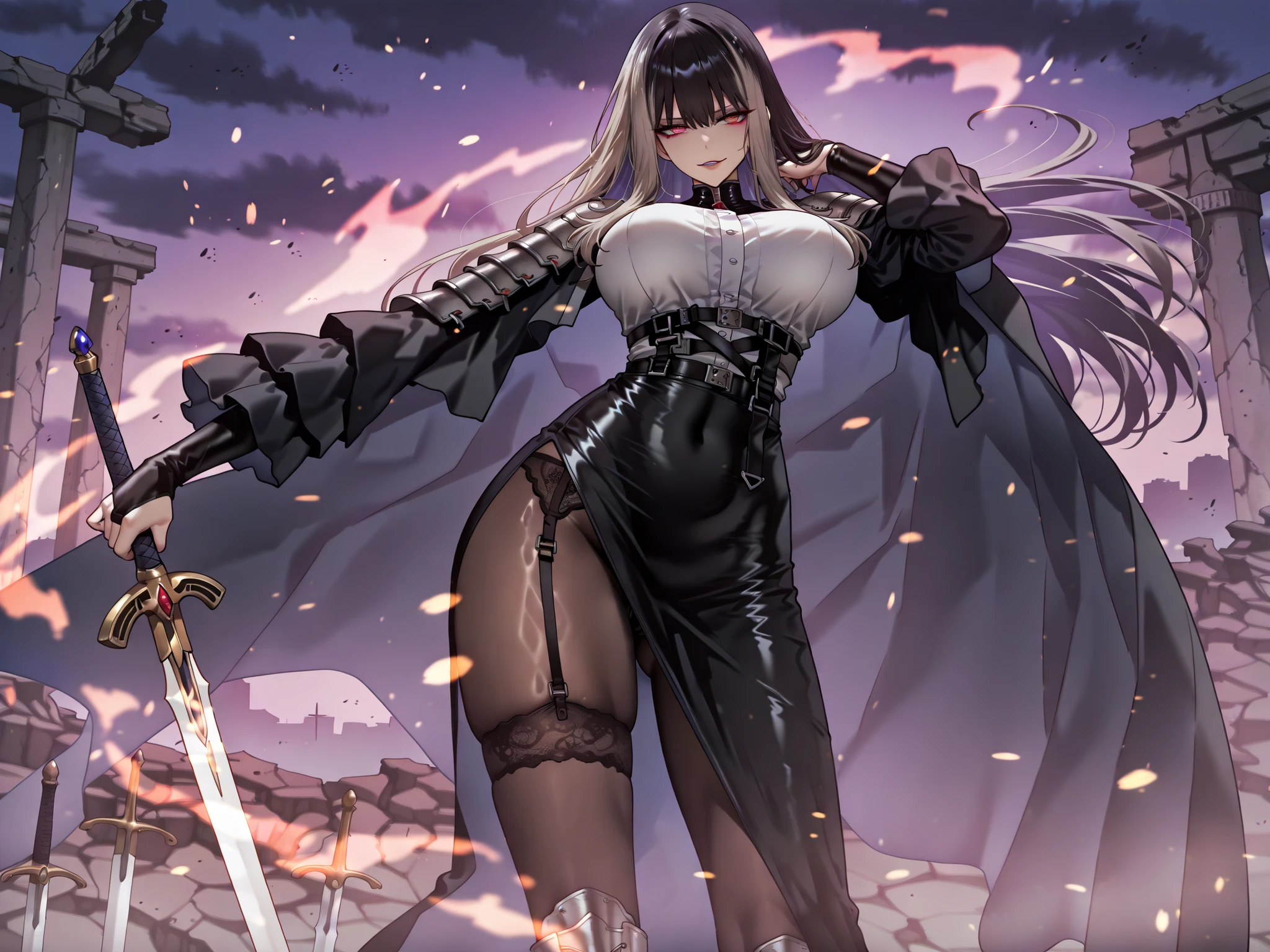 taken from above、Ball of Light、雷magic、caveの中、Ruins、black suit、black longsuit、 black long jacket、ゴスロリなshirt、Depressed、Tall Woman、A woman in her thirties、 Alassah's woman、Steins;Gate、 black longsuit 、score_9, score_8_up, score_7_up, Source_anime,masterpiece、No expression、no makeup、top quality,Beautifully Detailed Eyes, Exquisite Eyes、A sophisticated eye、highly detailed eyes and faces,unmotivated expression、lethargic face、 long breasts, Black Jacketを羽織る、Black Jacket、shirt, big saggy breasts, shockingly big breasts, big breasts,big boobs、boobs 、Zitoida, makeup、no makeup、long hair、smooth straight hair、tall woman、Tall Woman、plump thighs, parted lips、 shining eyes,(Fire Aura Onkown),dungeon内、Crimson Eyes、long hair、dark haired、黒い髪、long straight hair、dungeon、cave、Ruins、solo、soloプレイヤー、Wide ass、beautiful butt、stick your butt to the focus of your butt、long boots、Shoulder Armor、Fearless Laugh、strong、Is confident、Black Tight Skirt、Black Garter Belt、black tights、long tight skirt、Dynamic、Satu、fight、Satu狂、俺だけレベルupな件、arrogant、 Confidence々The smile 、bewitching smile、Sadist、Satu中、hunting、hunting、intimidating、magic使い、magic、magic、、Pearl of Light、Light Ball、左手にmagicの玉、plasma、plasma球、Glowing sphere、Made with Infinite Sword