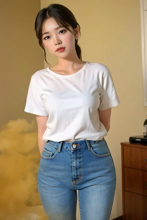 1 beautiful woman taking pictures on the grass of the villa,RAW photos,tmasterpiece,(highdetailskin:1.2),8k ultra high definition,digital SLR camera,gentlesoftlighting,high high quality,filmgrain,富士XT3,20 years old Asian woman,Wear simple clothes,T-shirt and skinny jeans,Detailed clothing details:1.3,perfect body figure,Perfect breasts and nipple bulge,The legs are straight and slender,Super detailed facial details and skin,Fair pink face and skin,The skin is pink,with light glowing,二重まぶた,Super detailed eyes,(Gloss on lips, eyeslashes, Glossy face, Best quality, Super high resolution, warm color,Wide lighting, naturalshadow), Sexy, Full body shooting: 1.8