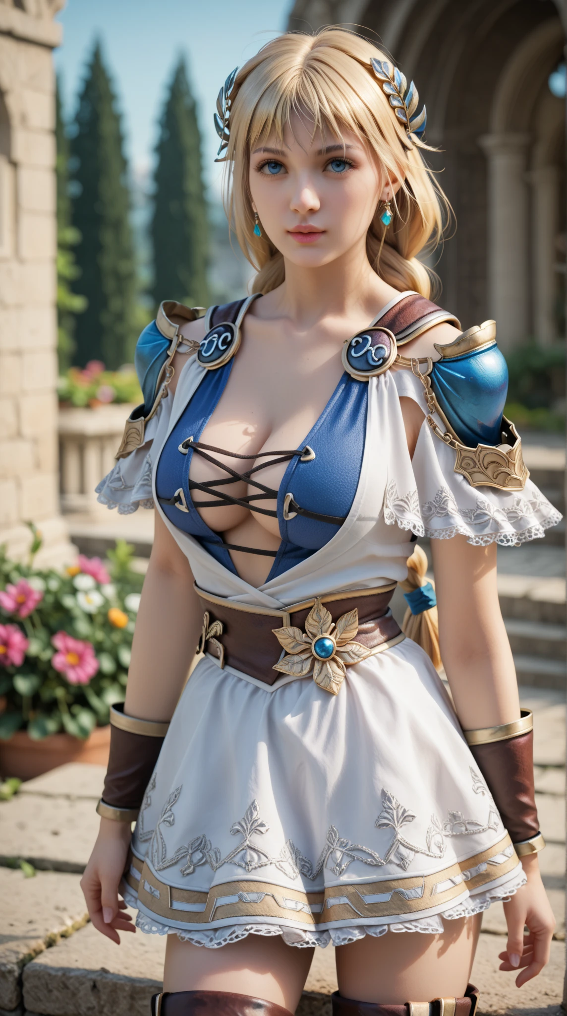 (Night:1.7), Castle, in the dark castle, star_\(sky\), starry_sky, tower, town, armor, gauntlets, hairband, wearing a blue outfit, a red scarf with a bow around her neck, boots, greaves, thighhighs, navel, skirt, <lora:AliciaArcturusV1:0.65>, Alicia Arcturus, blonde_long_hair, blue_eyes, 1 girl, Solo, full body, 20yo, mature female, Beautiful Finger, Beautiful long legs, Beautiful body, Beautiful character design, looking at viewer, (innocent_big_eyes:1), (expressionless:1.3), perfect lighting, Colorful, Bright_Front_face_Lighting, (masterpiece:1), (best_quality:1), ultra high res, 4K, ultra-detailed, blurry background, bokeh:1.2, lens flare, (vibrant_color:1.2), (Beautiful,large_Breasts:1.4), (narrow_waist), white panties, lower body focus, Leg up, dynamic pose,