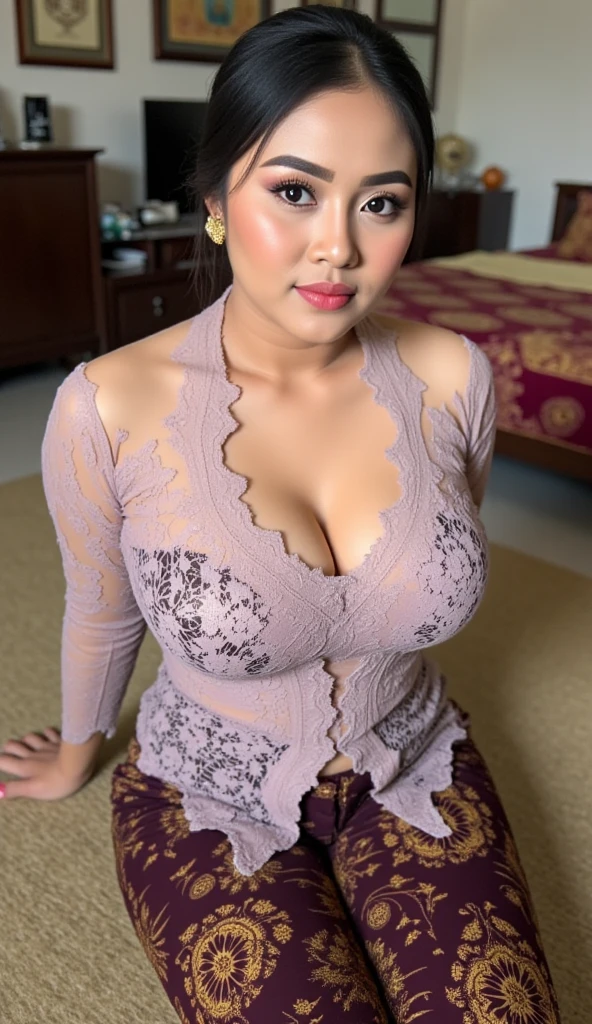beautiful chubby balinese woman with tight kebaya, kneel in front of a man crotch with (penis) erect, sucking his (penis), oral (sex), blowjob, pov view, voluptuous woman, busty, curvy, cleavage, huge round breasts, curly bun hair, pale skin, sweaty, makeup, realistic, hd