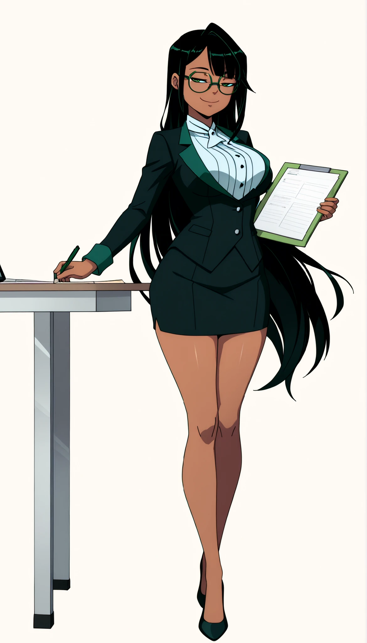 ((Highest Quality)), (Simple background), 1girl, full body, standing, breast, thighs, smile, seductive, half-closed eyes, dark skin, green eyes, black hair, very long hair, side bangs, single hair intake, Full body:1.5, (Secretary outfit), frame glasses, holding work table, holding pencil, Secretary attire, green-framed glasses,