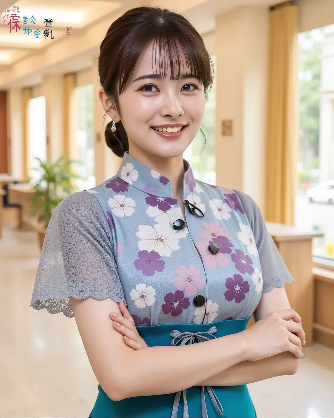 table top, highest quality, 8K, 18-year-old, RAW photo, (cute smile), alone, Cute face like an idol, delicate girl, Full body Esbian, close up of thighs、Digital single-lens reflex camera, looking at the viewer, Frank, Sophisticated,Hide your arms behind your back, professional lighting, film grain, chromatic aberration, (Eye and face details:1.0), (Bokeh:1.1) , (cute baby face、With a round face、Cute cheongsam with a short length、I can see your pants.、Clothes with emphasized chest bulge:1.4)、Navel exposed