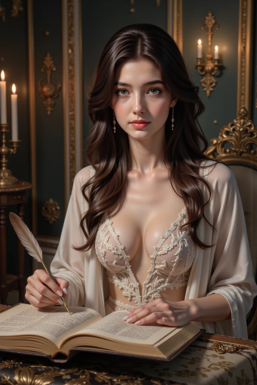 8k, Ultra high resolution, hyper realistic, solo, Woman body set big breasts, cleavage, full body shot, fair complexion, wearing a dramatic cape and coat, in a historic mansion, long brown hair