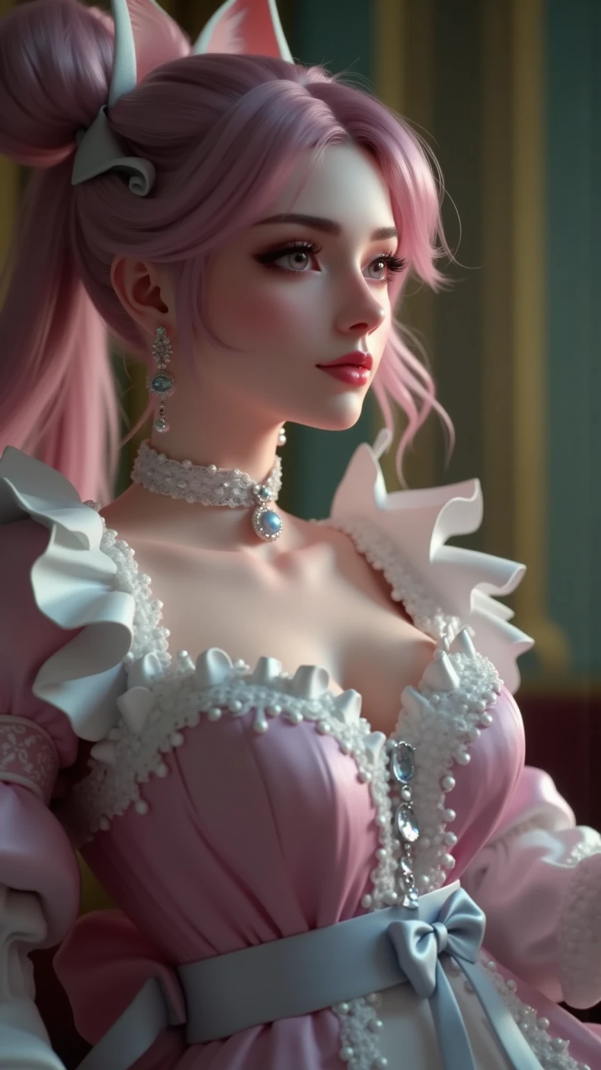 Create a realistic Caucasian woman with deep magenta eyes, an upturned button nose, and heart-shaped lips with upturned corners. She has long, wavy pink hair styled in an elegant updo. She is slender with small breasts. She wears a regal, ethereal dress with elegant and fantasy elements, featuring a gold, pastel pink, and rose gold color scheme. The dress has intricate spider web patterns and motifs.