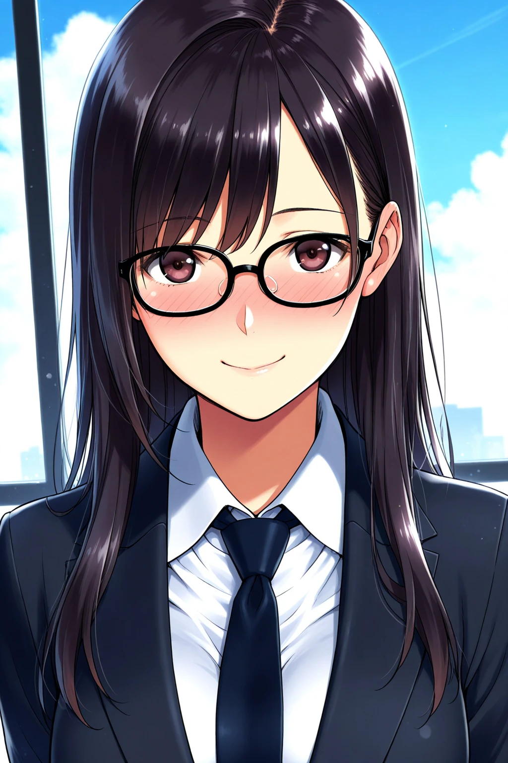 upper body shot,designer style,glasses,smile with visible teeth,school uniform, adorable, girl, highest quality, ultra high resolution, photo-realistic, Super detailed, 8K, RAW photo 
