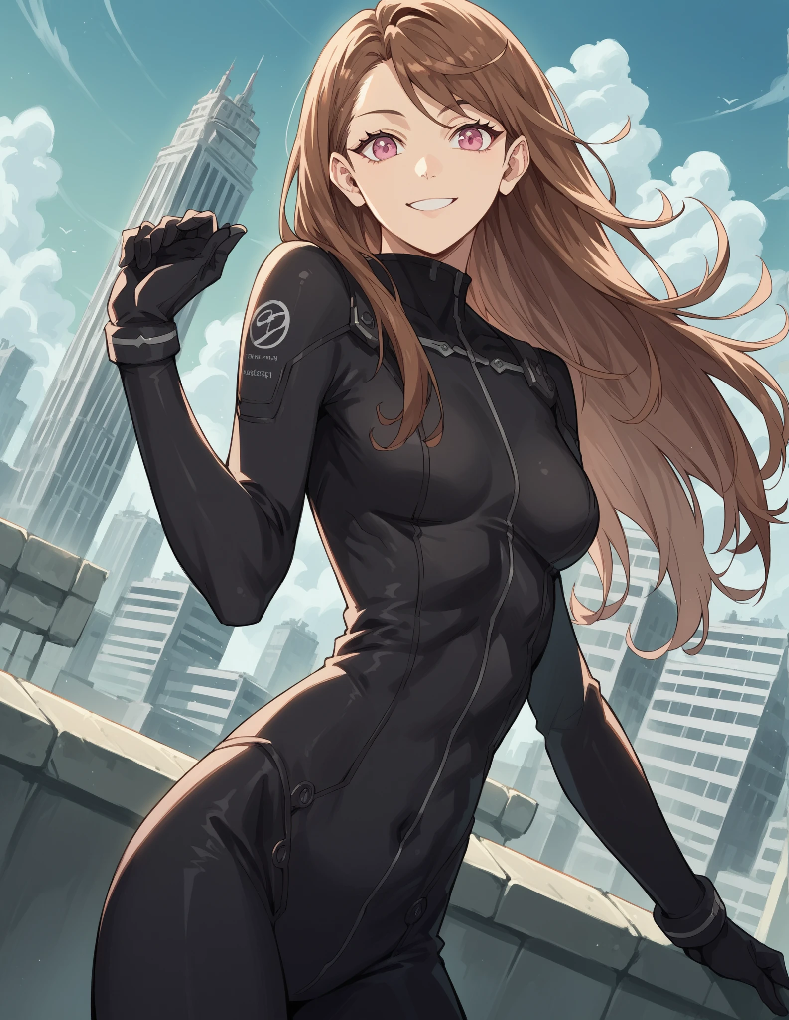 masterpiece, best quality, highres, aalisa, long hair, ponytail, grey eyes, masterpiece, best quality, highres, 1girl, solo, superhero, leotard, bare legs, boots, matching boots, sleeveless, gloves, matching gloves, looking at viewer, city backdrop, black leotard, standing, hands on hip, full body shot, smile, glowing body