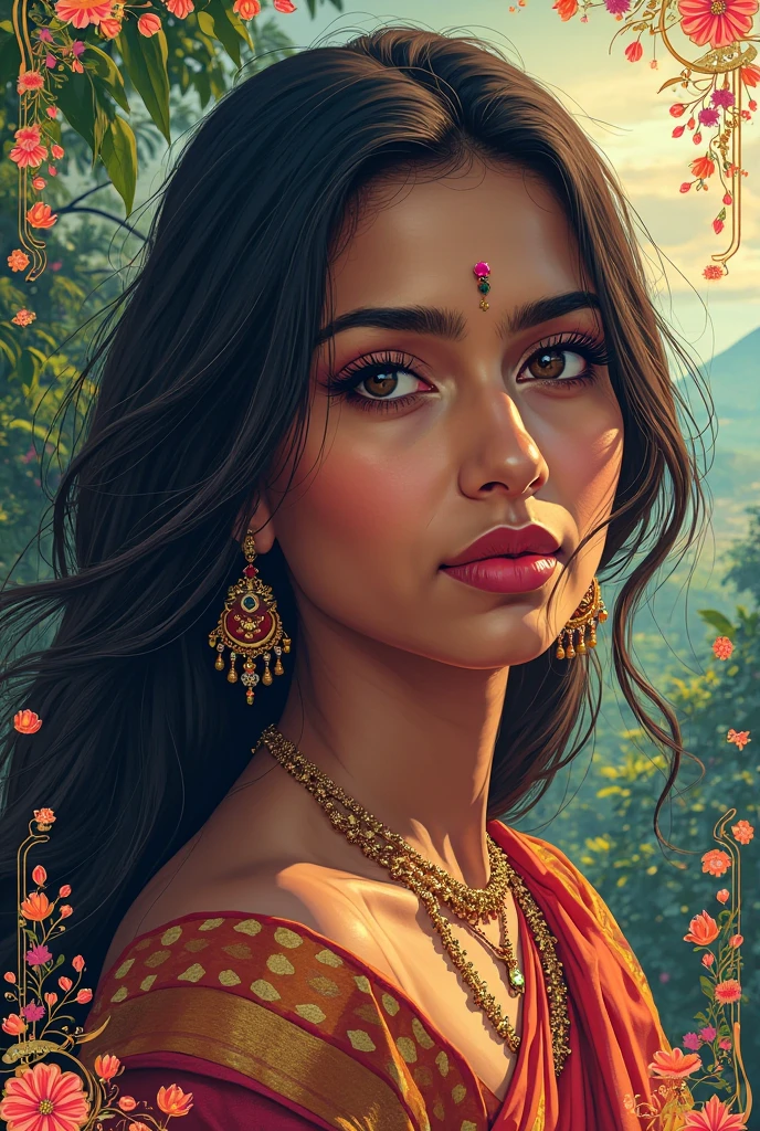 fullbody portrait of beautiful woman in indian saree with golden eyes, soft smile, black hair looking into the camera, perfect eyes, perfect round ruby placed perfectly between eyebrows, magic from planet in the background 3d render Pixar stylemodel made of Hiroaki Takahashi art ultra perfect composition 3d liquid detailing fluid acrylic by Greg Tocchini, James Gilleard, Joe Fenton Kaethe, Butcher Bosch, Dan Mumford, Kandinsky art style [collage] [splatter] [streak] [crop] [cut]